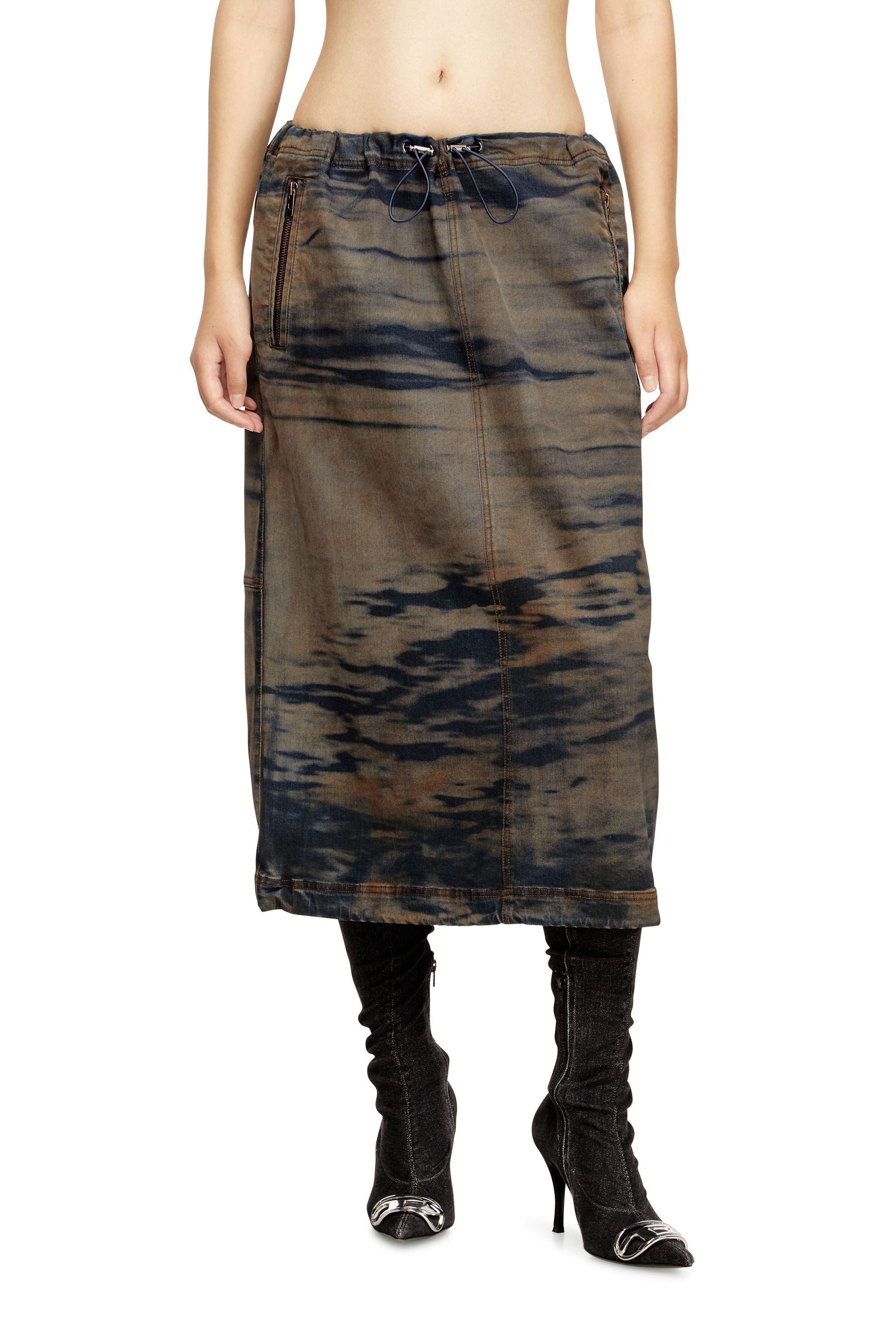Diesel - O-MIRTOW-DEN, Female's Midi denim skirt with drawstring in Black/Brown - 3