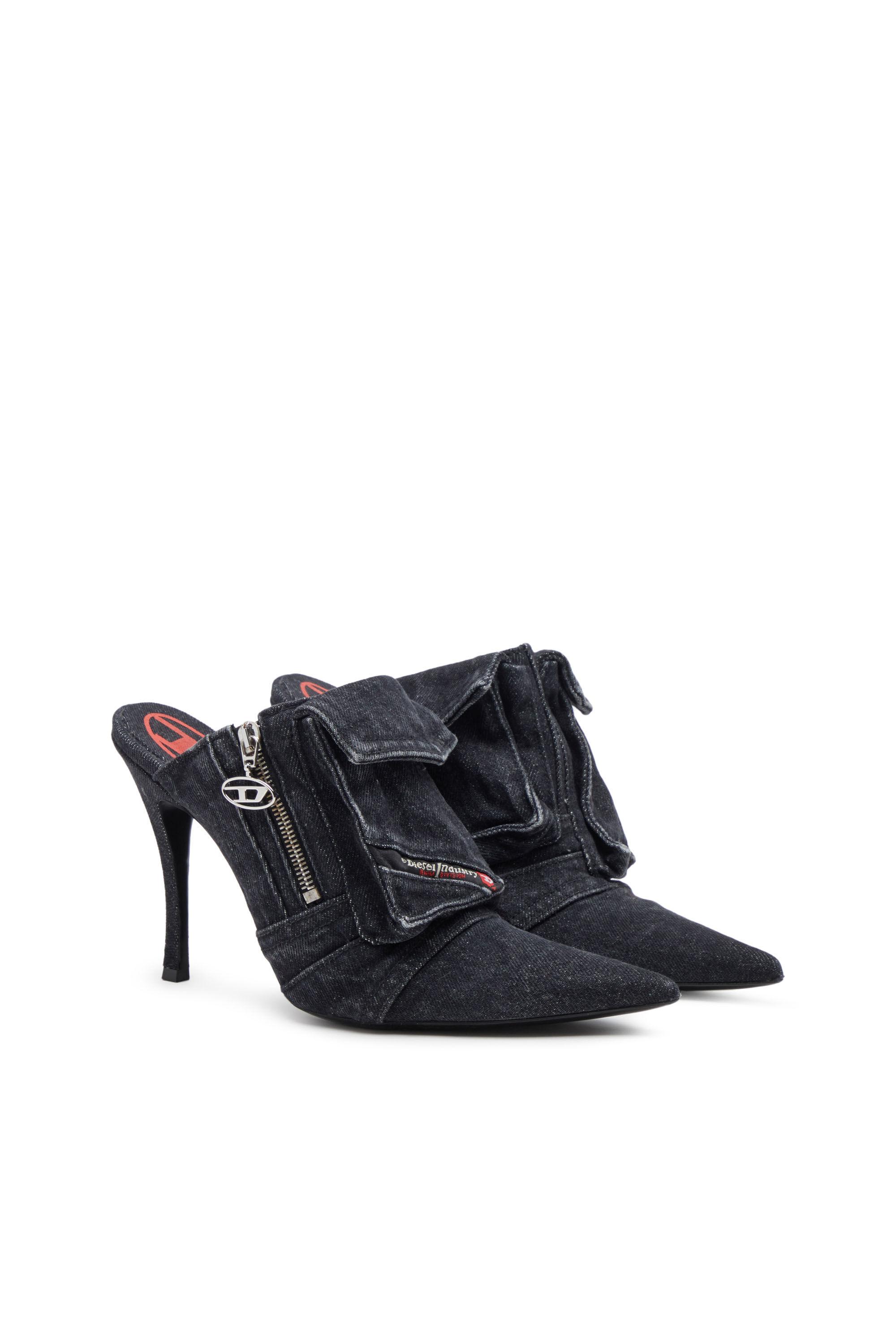 Diesel - D-VENUS POCKET ML, Female's D-Venus-Heeled mules in sun-faded denim in Black - 2