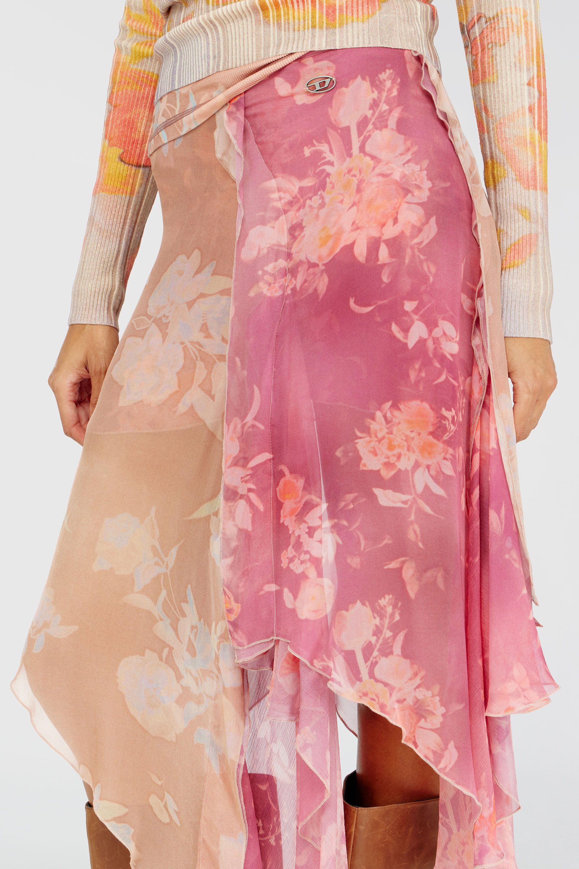 Diesel - O-RIZIA, Woman's Asymmetric floral midi skirt in viscose and silk in Pink - 5