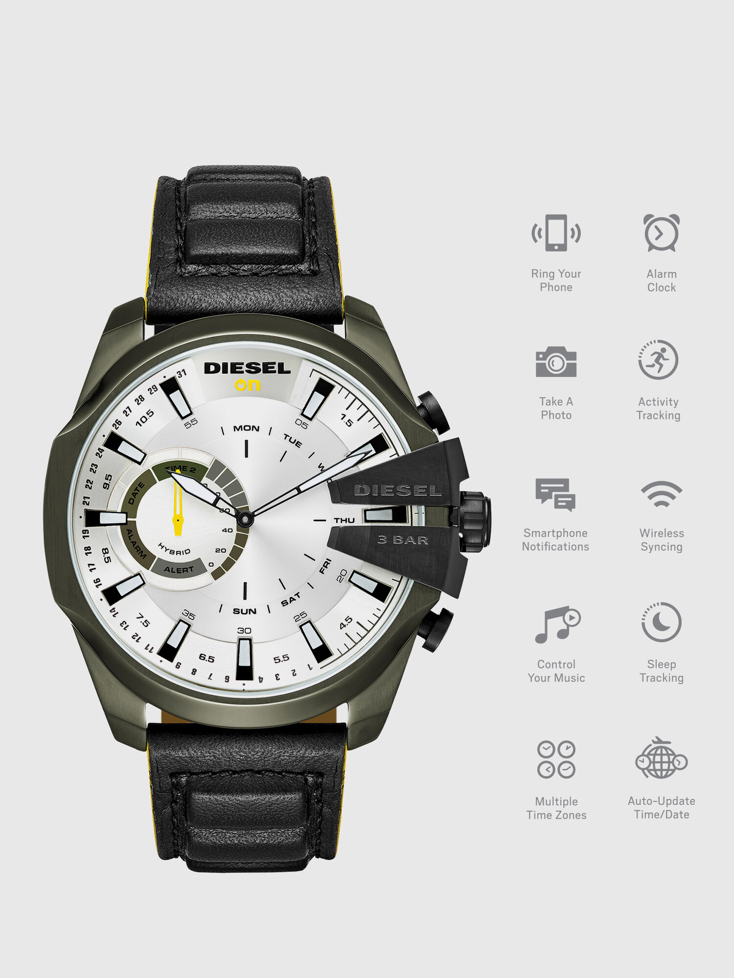 Diesel - DT1012, Male's Mega Chief Hybrid olive case black smartwatch, 48 mm in Black - 1