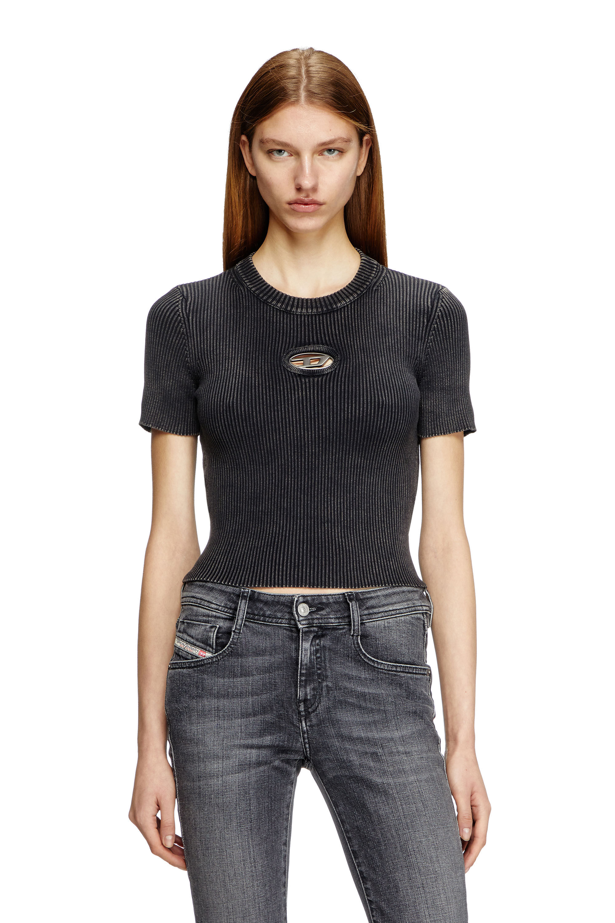 Diesel - M-ANCHOR-A-SS, Top de manga corta con logotipo recortado Mujer in Gris - 3