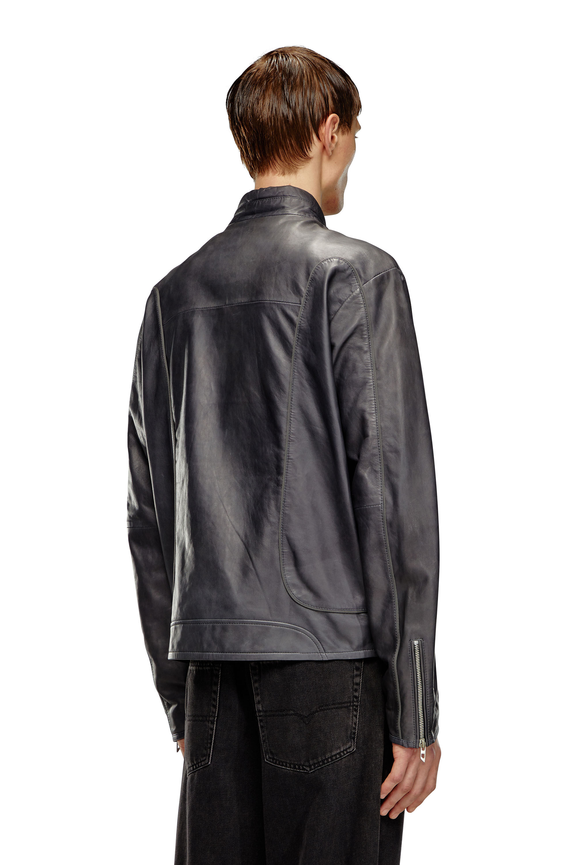Diesel - L-KRIX, Man's Leather biker jacket with piping in Black - 5