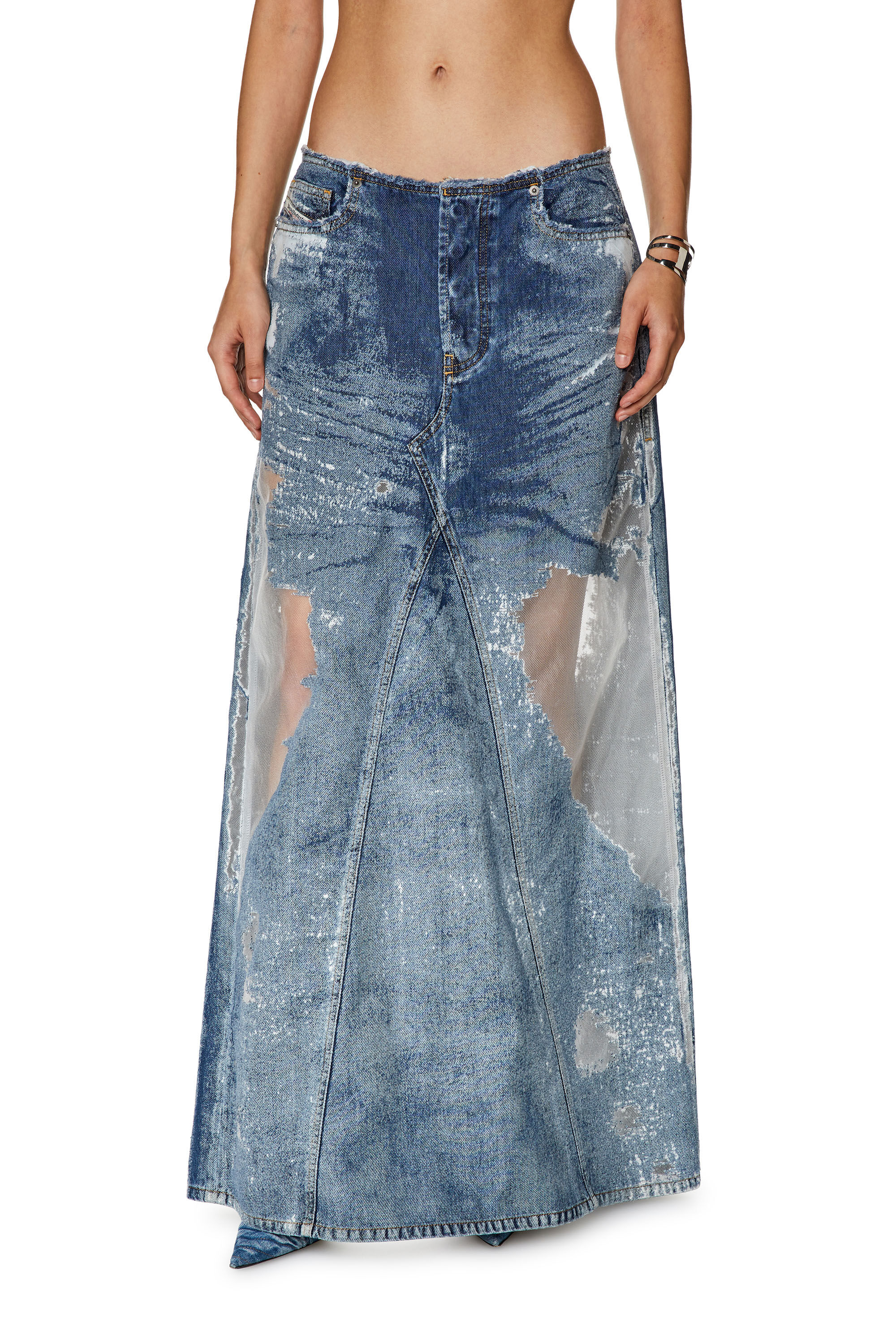 Diesel - DE-PAGO-FSD2, Female's Long denim skirt with devoré in Medium Blue - 3