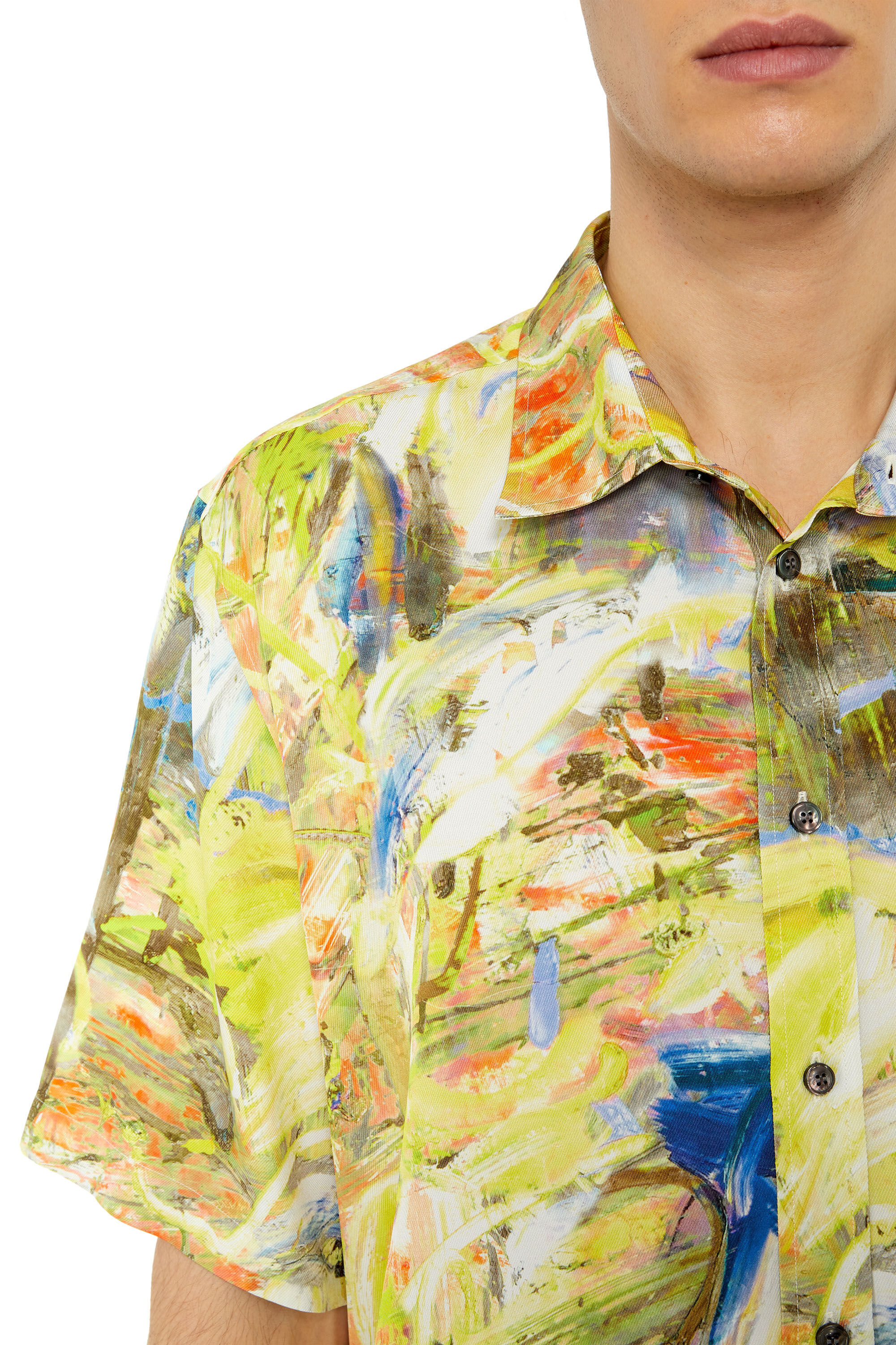 Diesel - S-UMBE-SSL-PRINT, Male's Short sleeve shirt in printed twill in Green/Yellow - 4