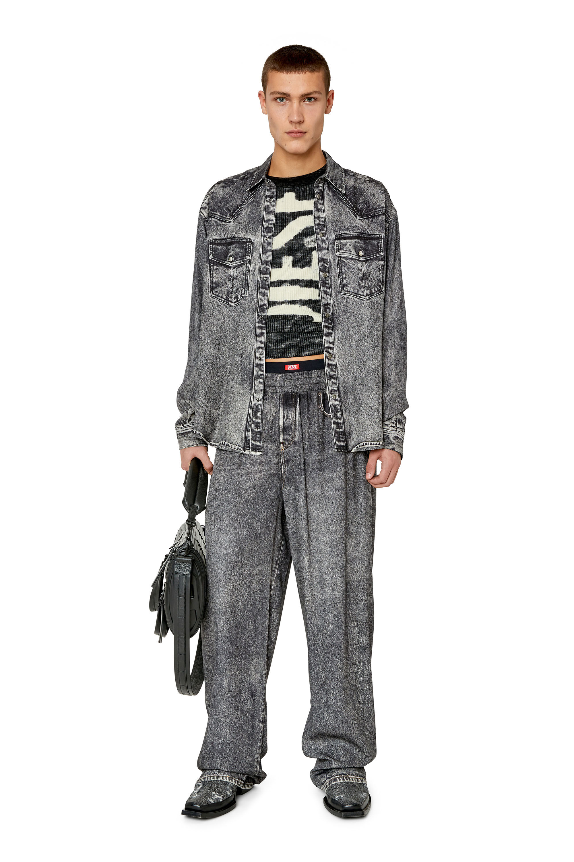 Diesel - S-GILS-DNM, Male's Fluid shirt with denim trompe l'oeil in Dark Grey - 1