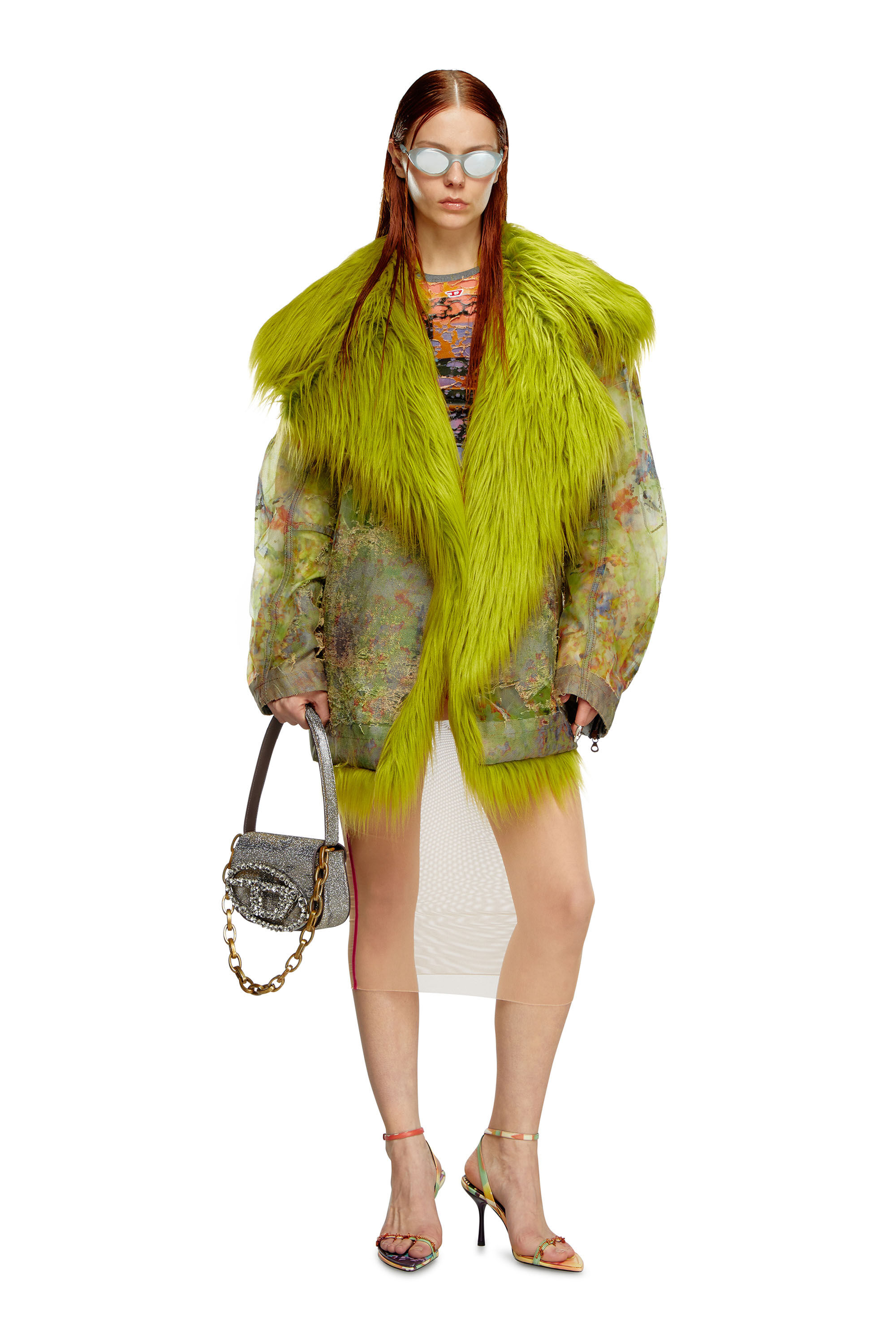 Diesel - DE-BIKA-FSE, Female's Printed devoré jacket with shaggy collar in Green - 1