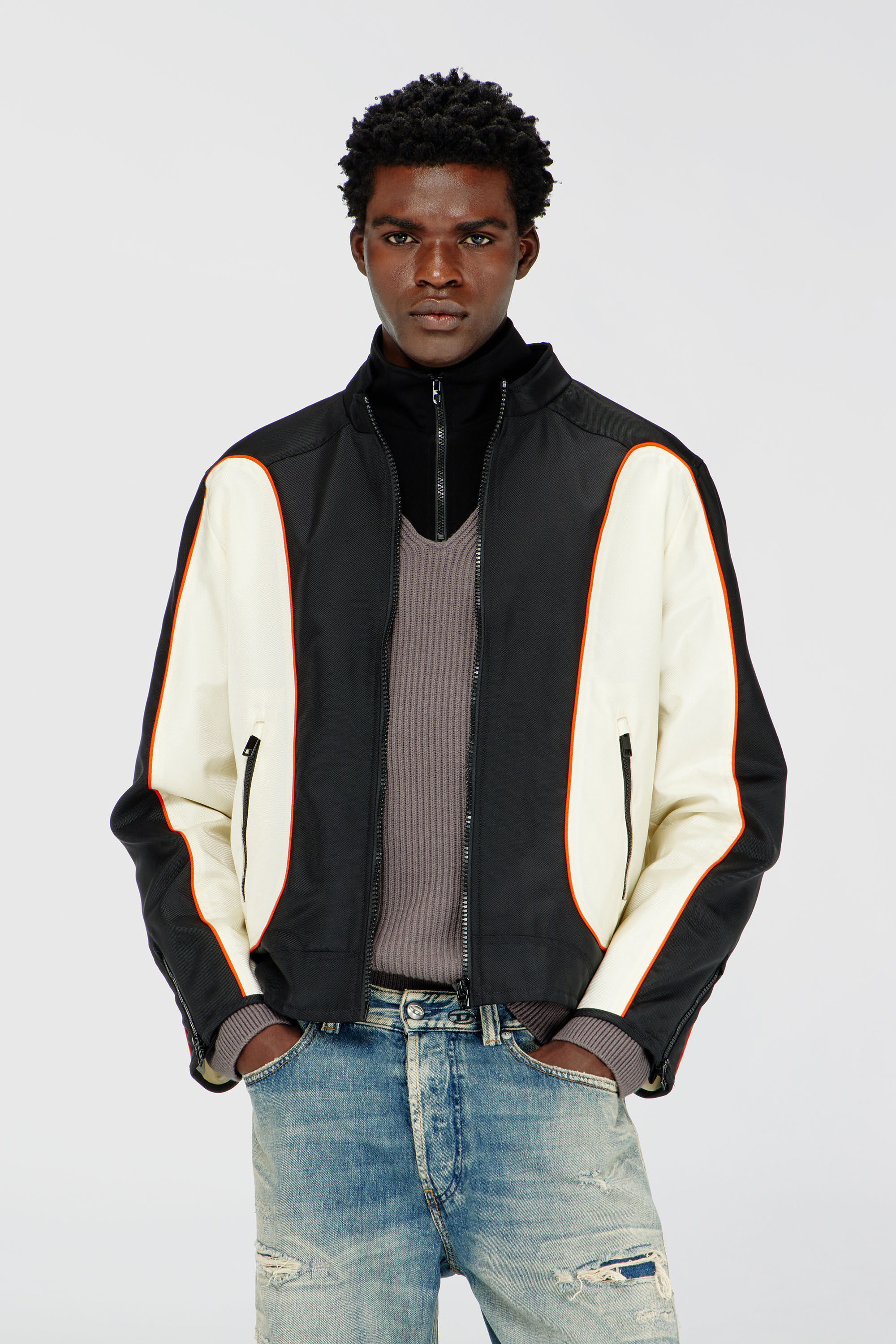 Men's Nylon jacket with color block and piping details