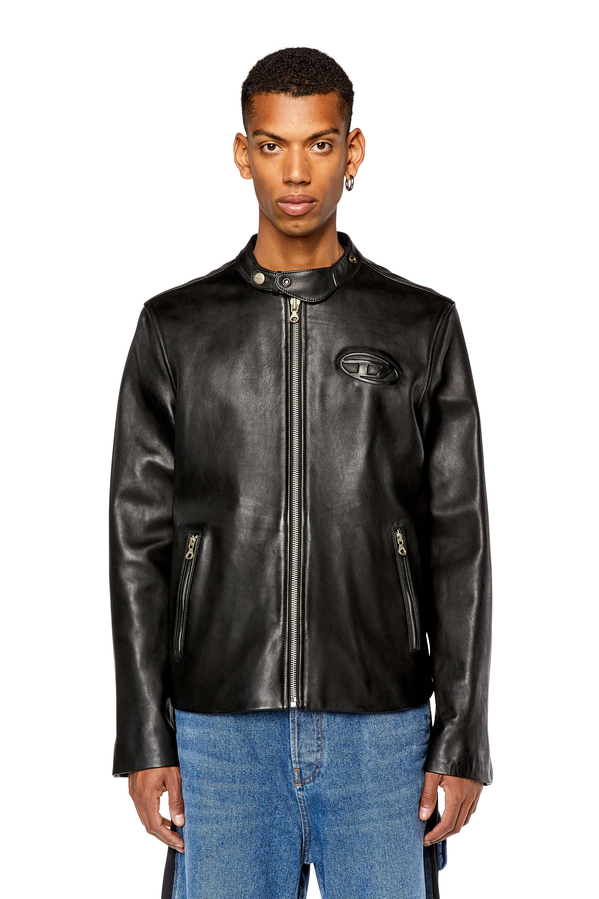 Diesel - L-METALO, Male's Leather biker jacket with distressed logo in Black - 5