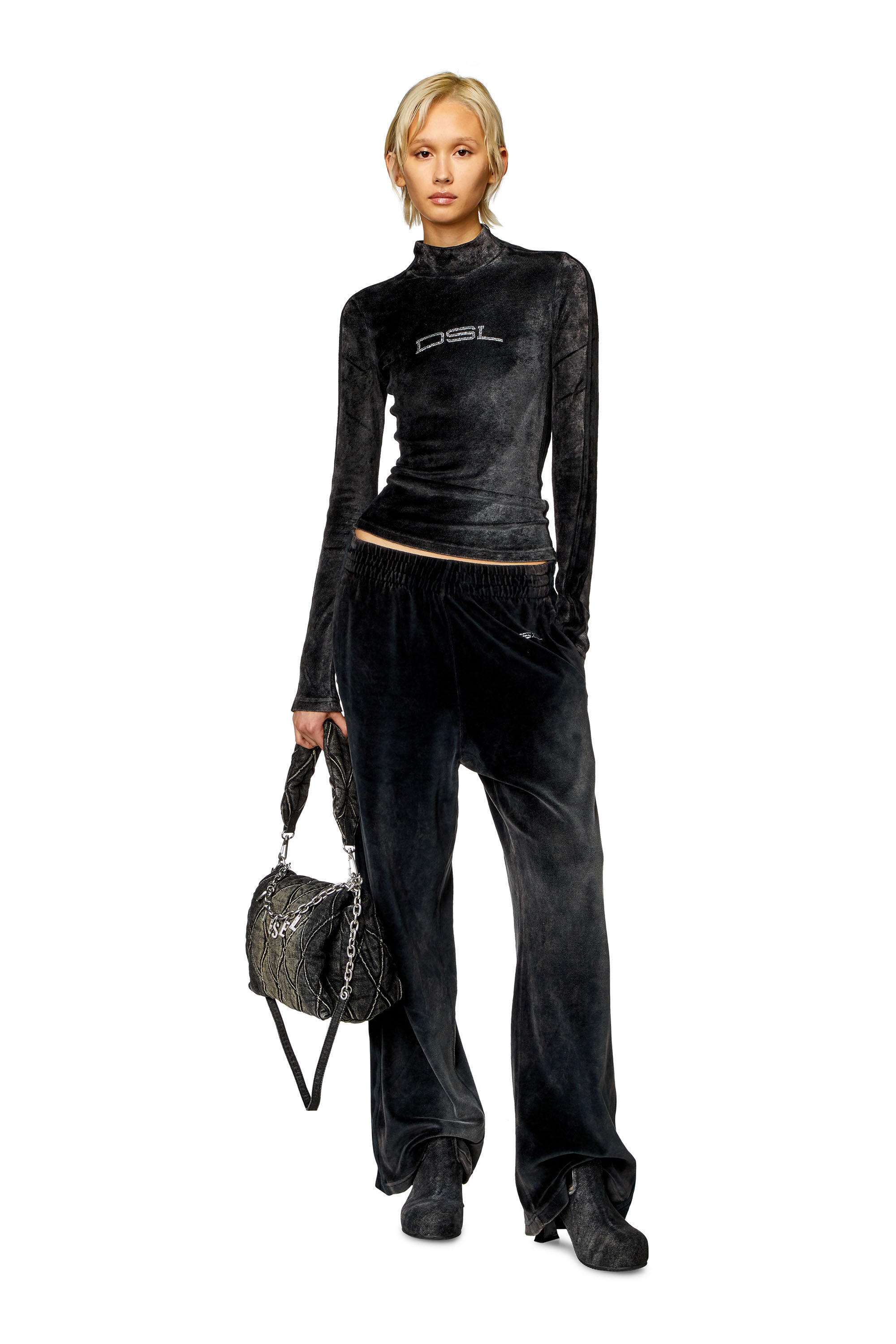 DIESEL メッシュディテール ブラックトップス Women's Mock-neck top in faded chenille | Black | Diesel {{Country}}