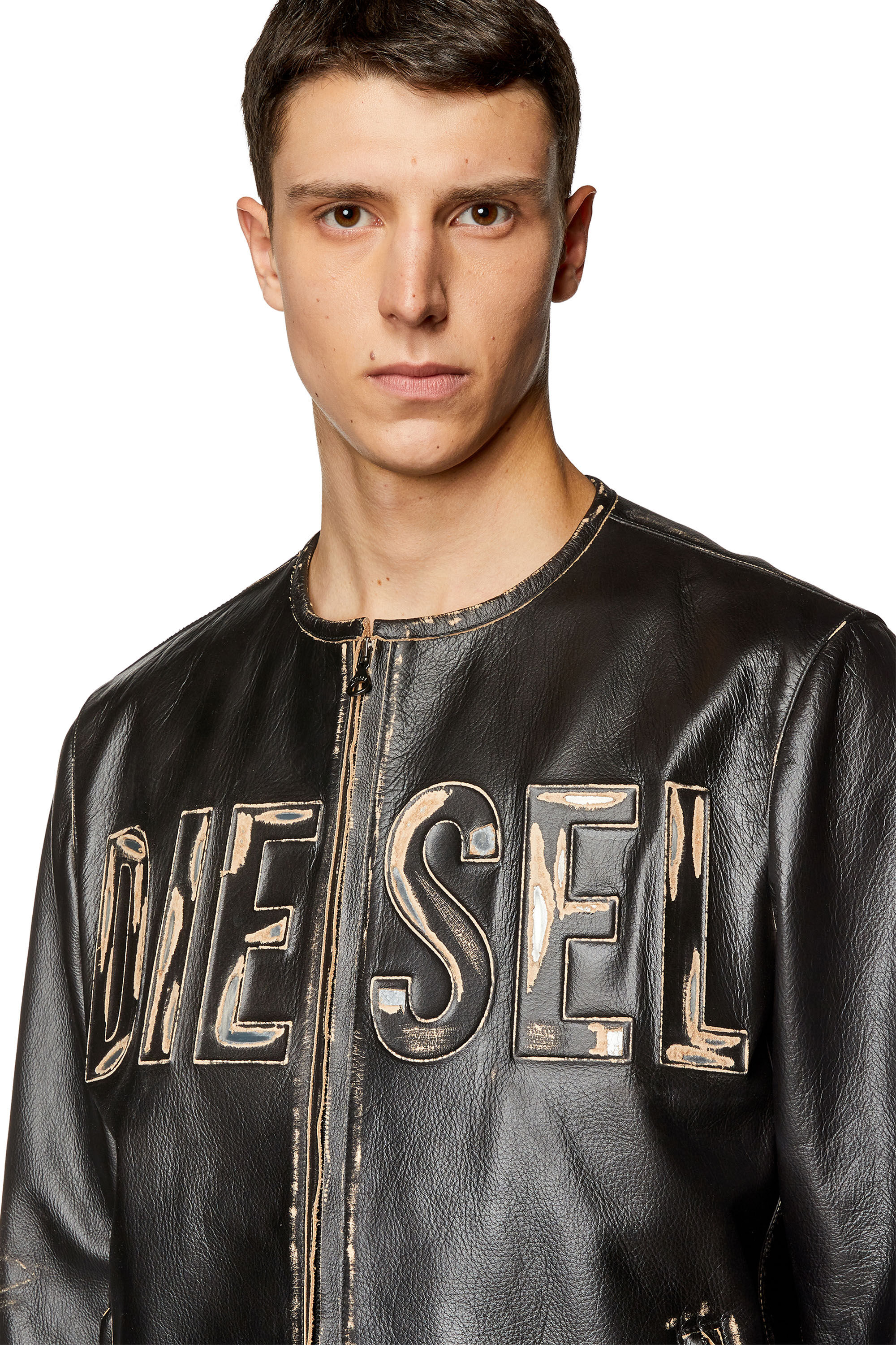 Diesel - L-MET, Chaqueta de cuero desgastado con logotipo metálico Hombre in Negro - 4