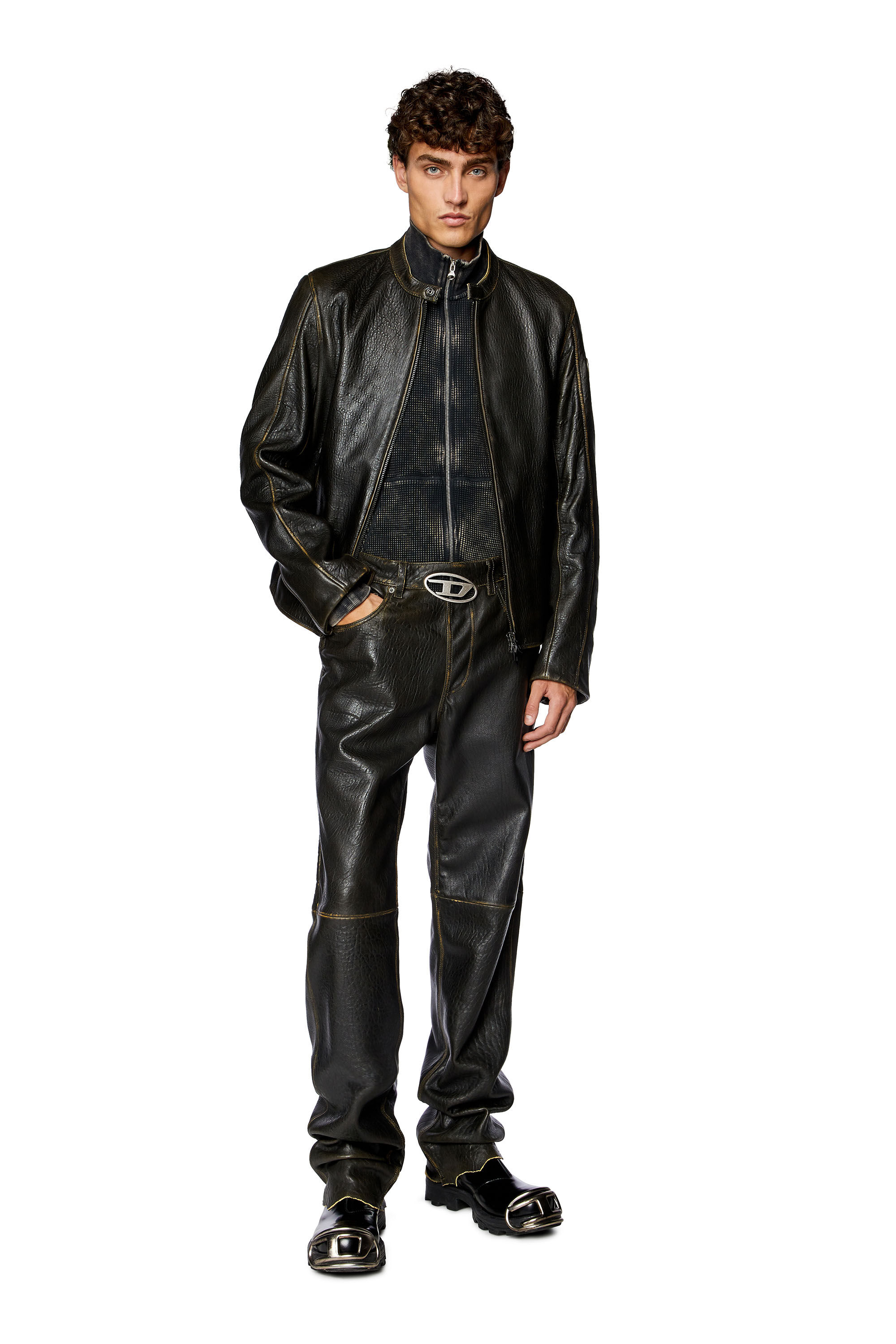 Diesel - P-KOOMAN, Male's Textured leather pants with logo cut-out in Brown - 1