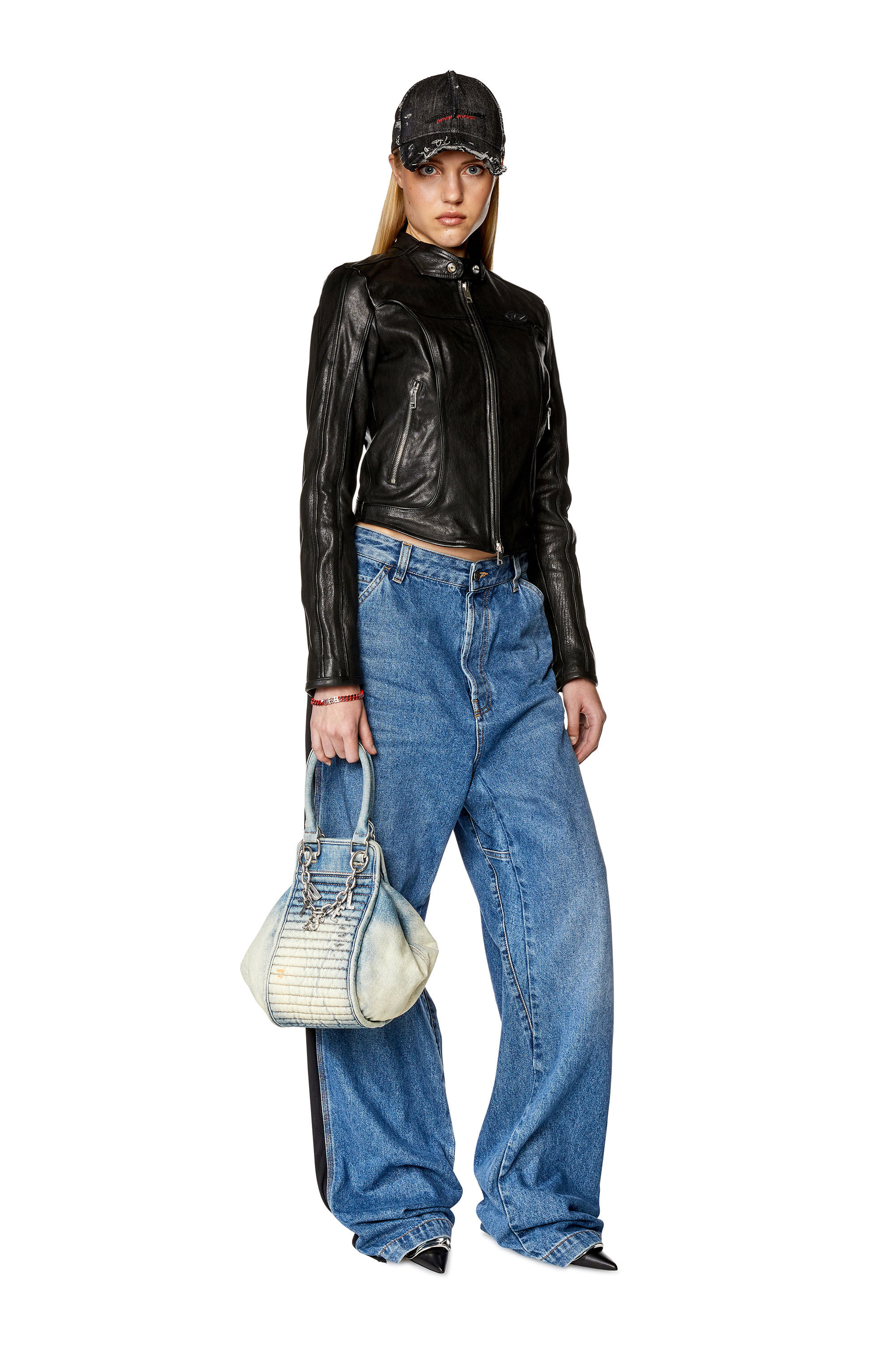 Diesel - L-FOXI, Veste en cuir avec D embossé Femme in Noir - 1