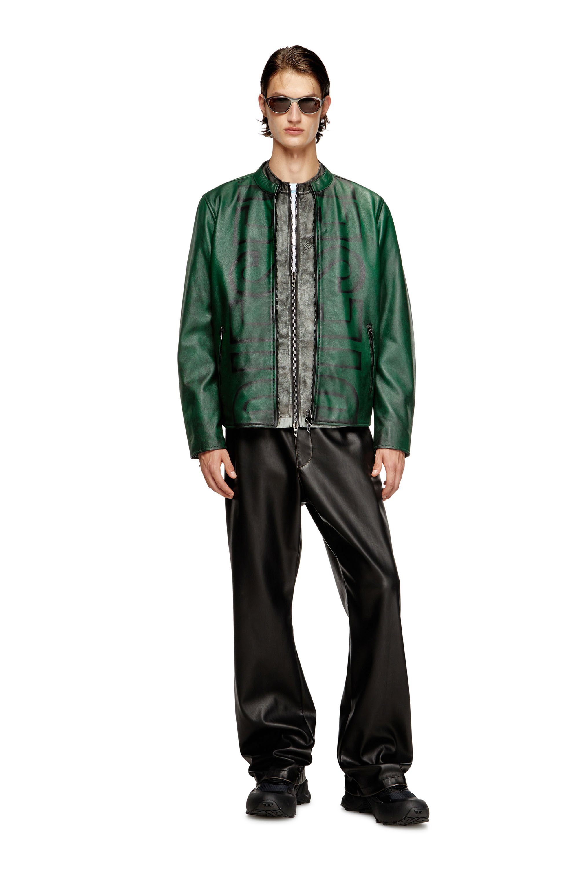 Diesel - L-EVERT-A, Man's Treated leather biker jacket with faded logo in Green - 4