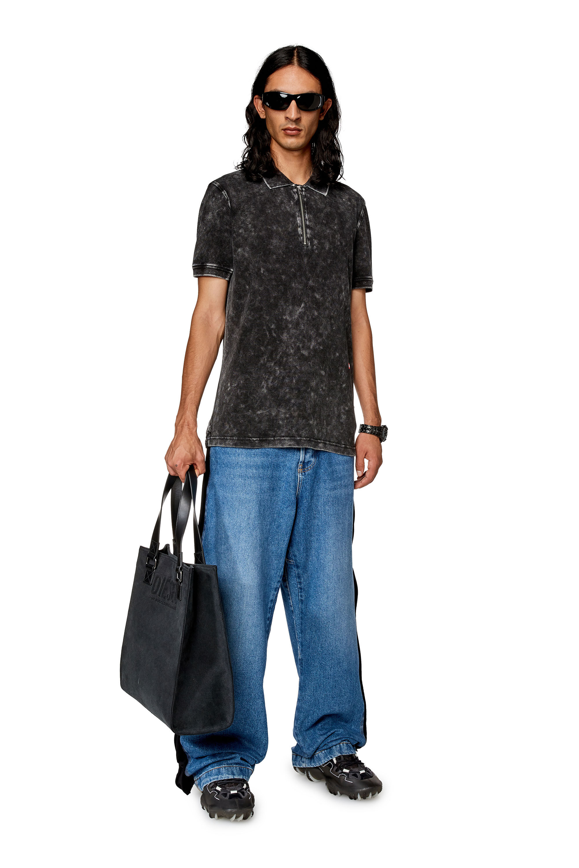 Diesel - T-SMITH-ZIP, Male's Polo shirt in faded piqué in Black - 1