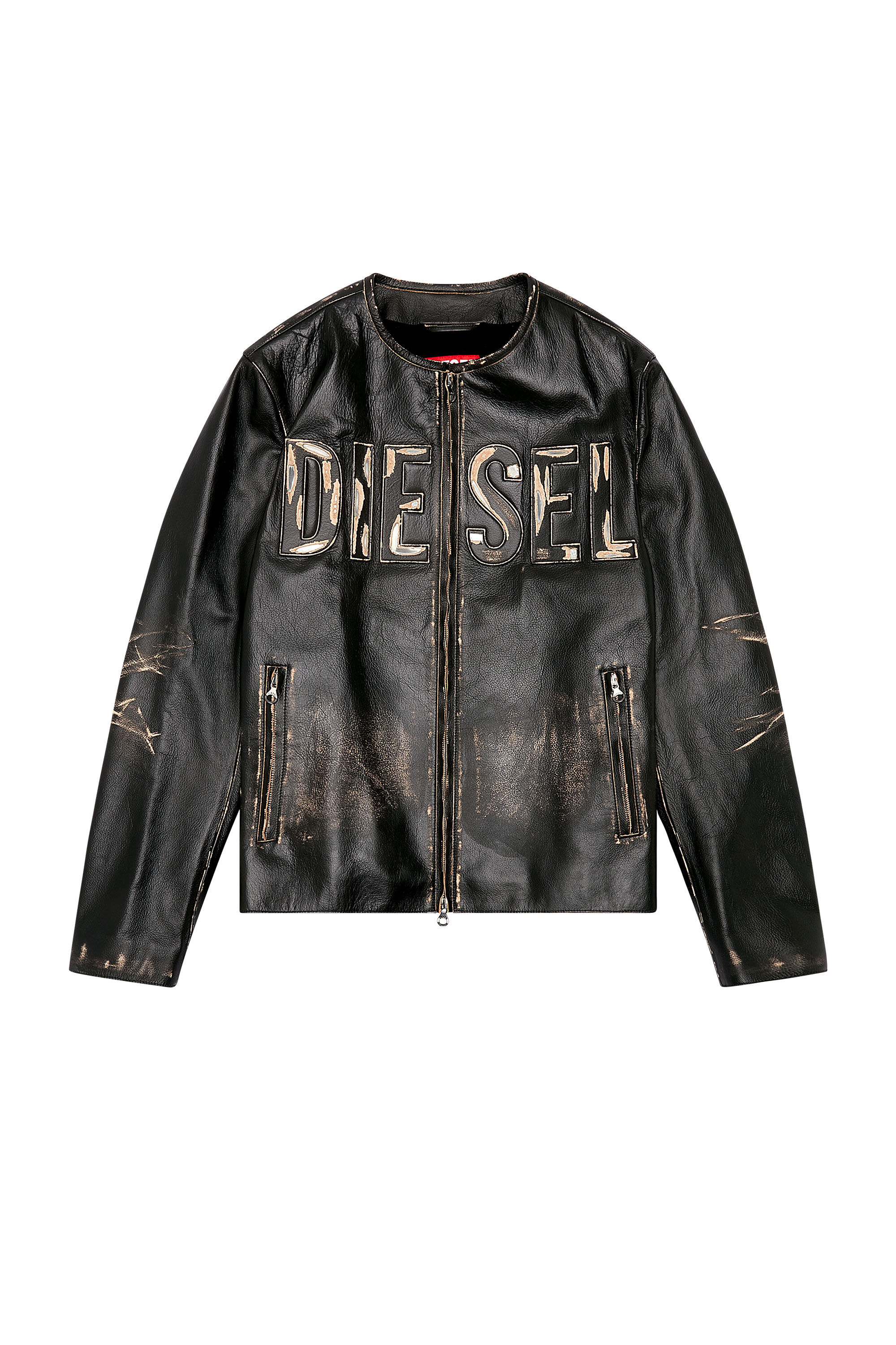 Diesel - L-MET, Chaqueta de cuero desgastado con logotipo metálico Hombre in Negro - 2