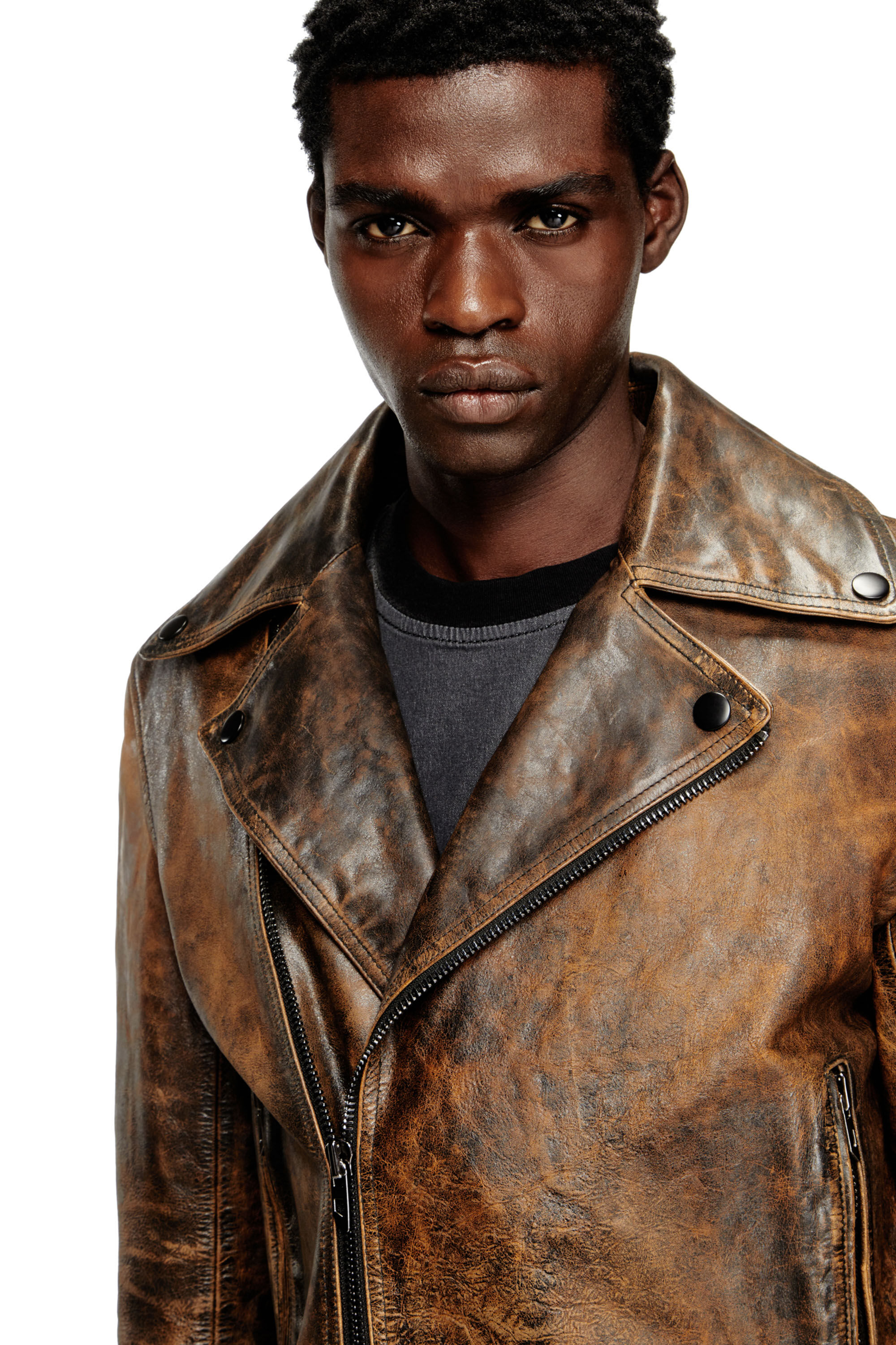 Diesel - L-EON, Male's Biker jacket in treated leather in Brown - 4