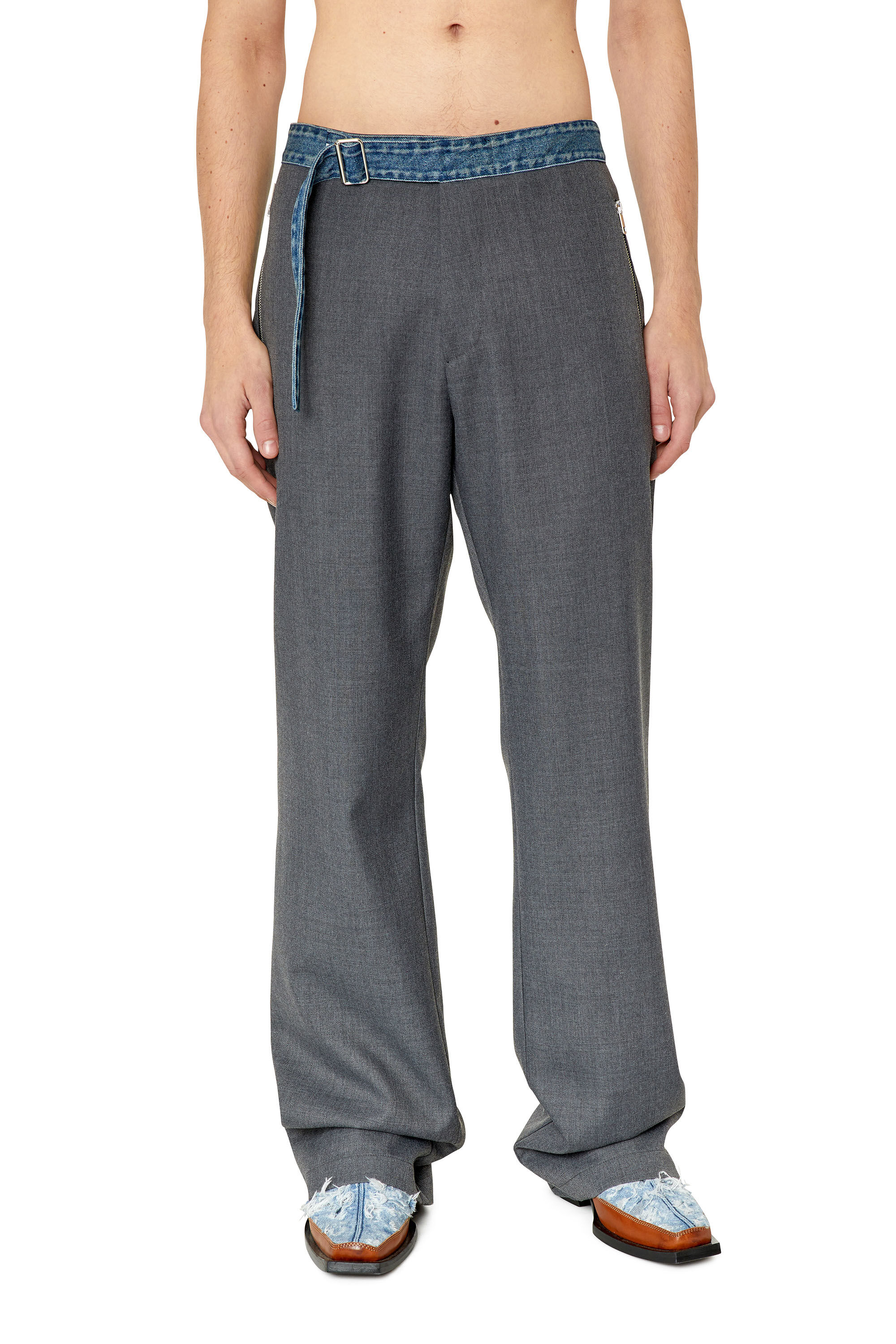Diesel - P-GOLD-A, Male's Wool pants with denim waistband in Dark Grey - 3