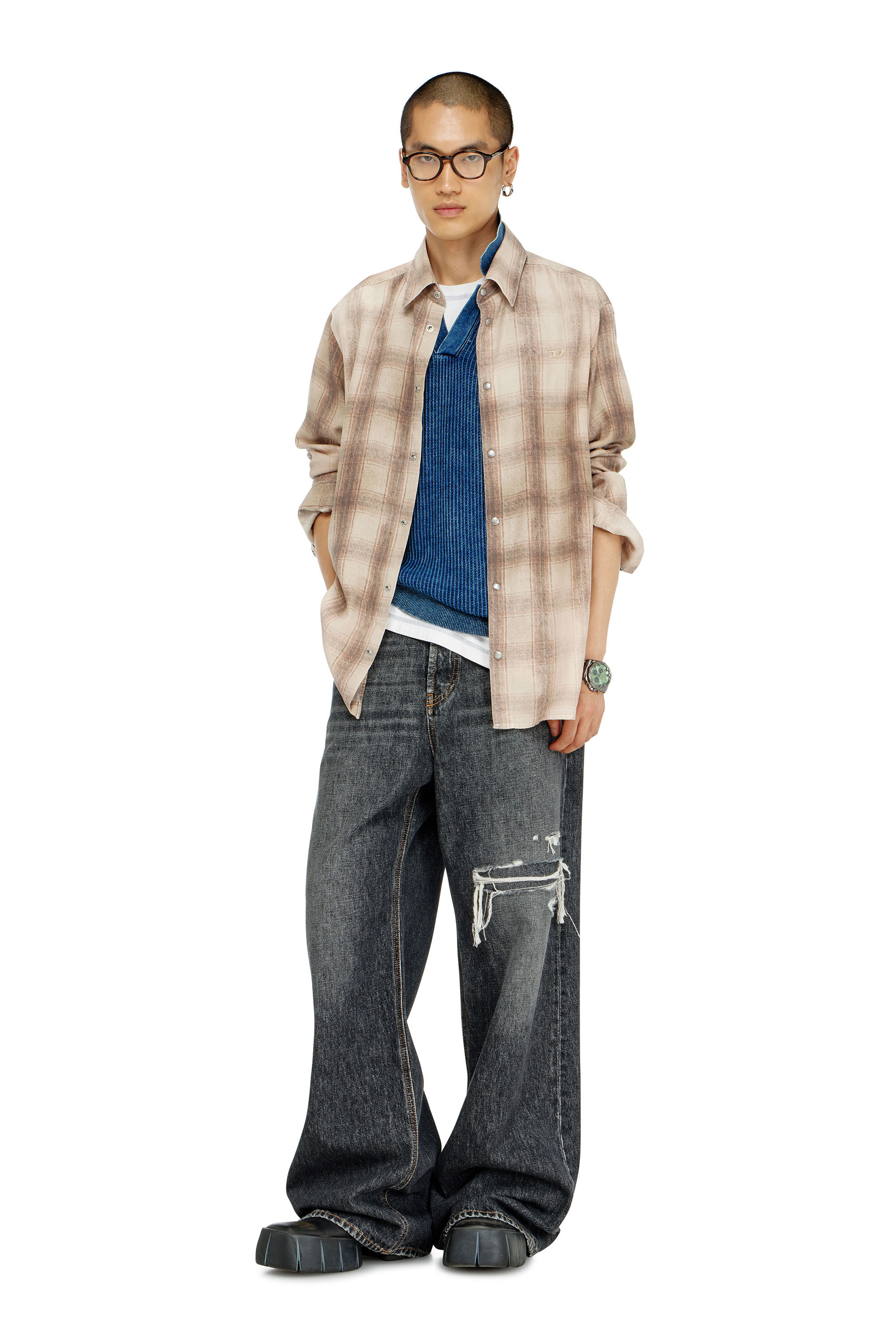 Diesel - S-SIMPLY-JMCM, Chemise &agrave; carreaux en tissu fluide Homme in Marron - 1