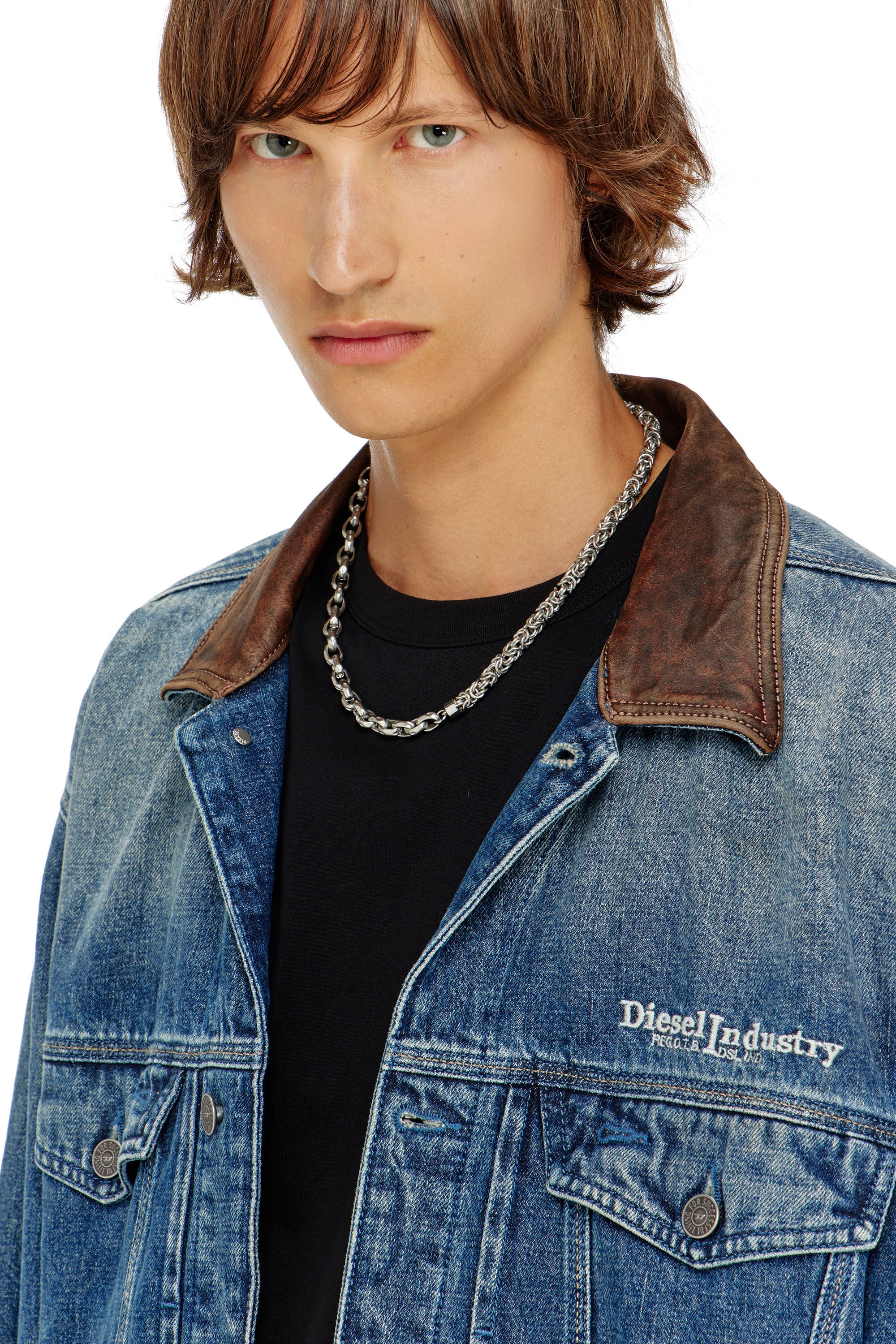 Women's Denim trucker jacket with contrast leather trims | Blue