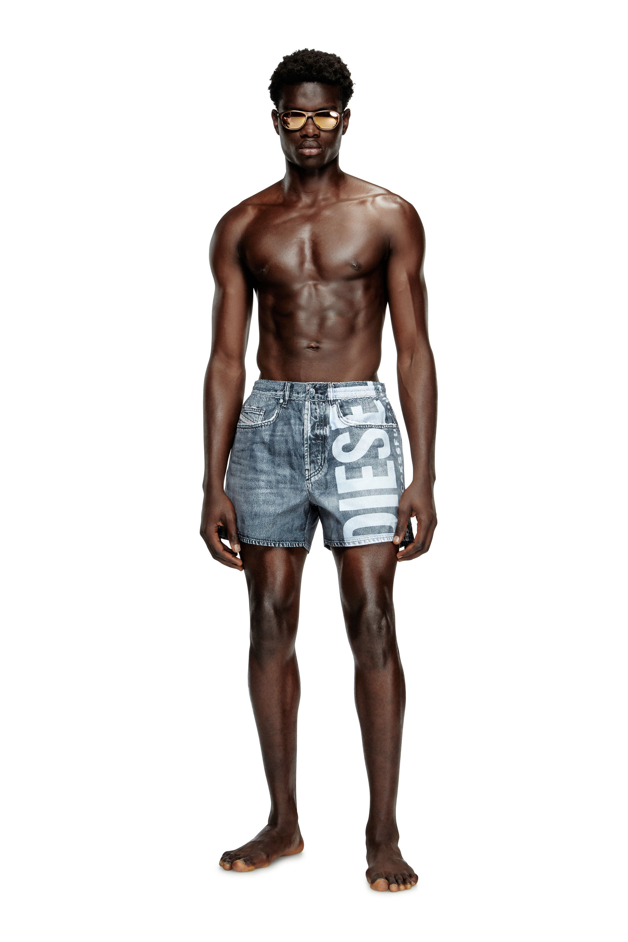 Men's Mid-length trompe l'oeil-denim swim shorts | Grey | Diesel