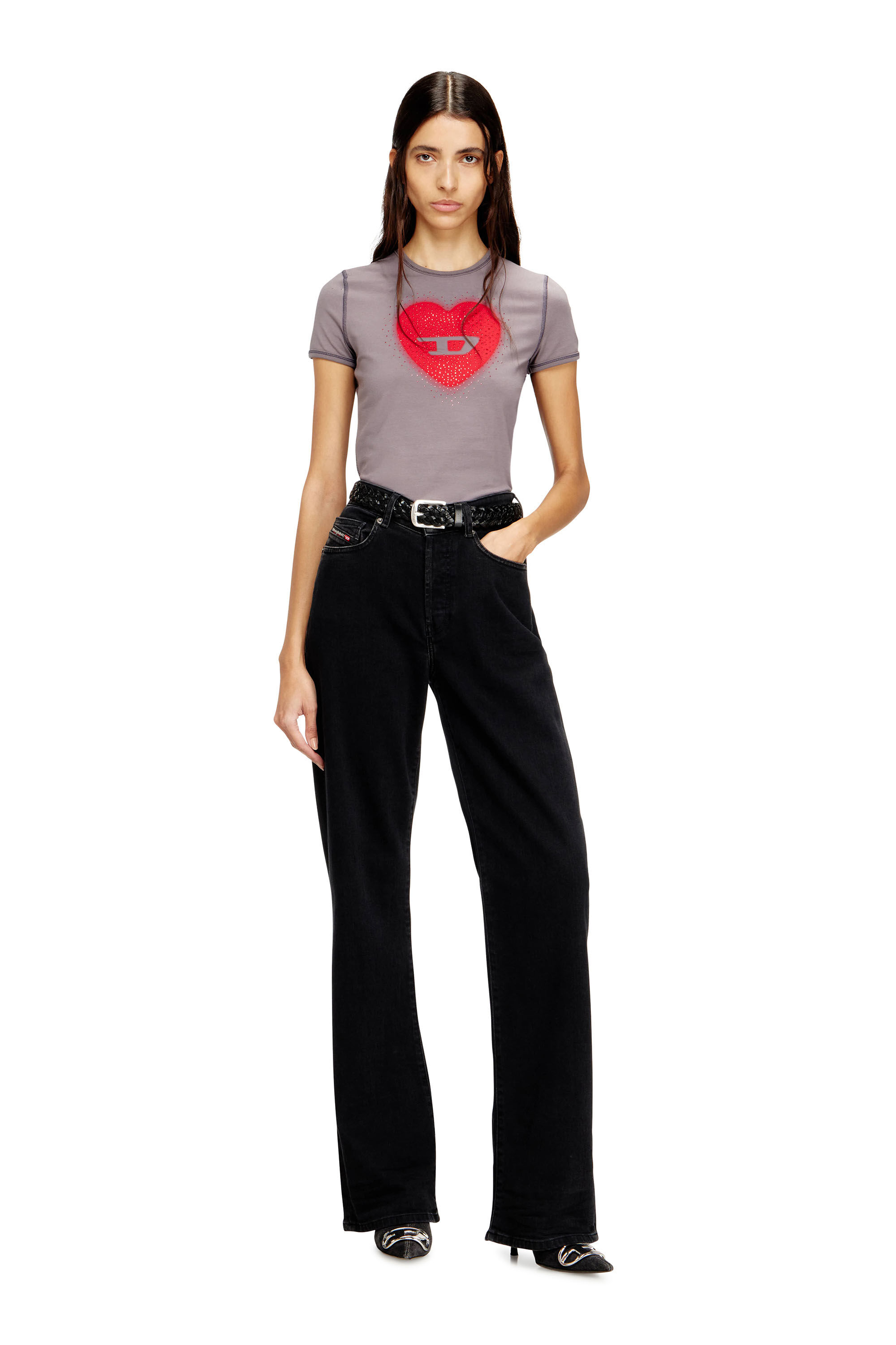 Women's Slim T-shirt with heart print and studs | Grey | Diesel