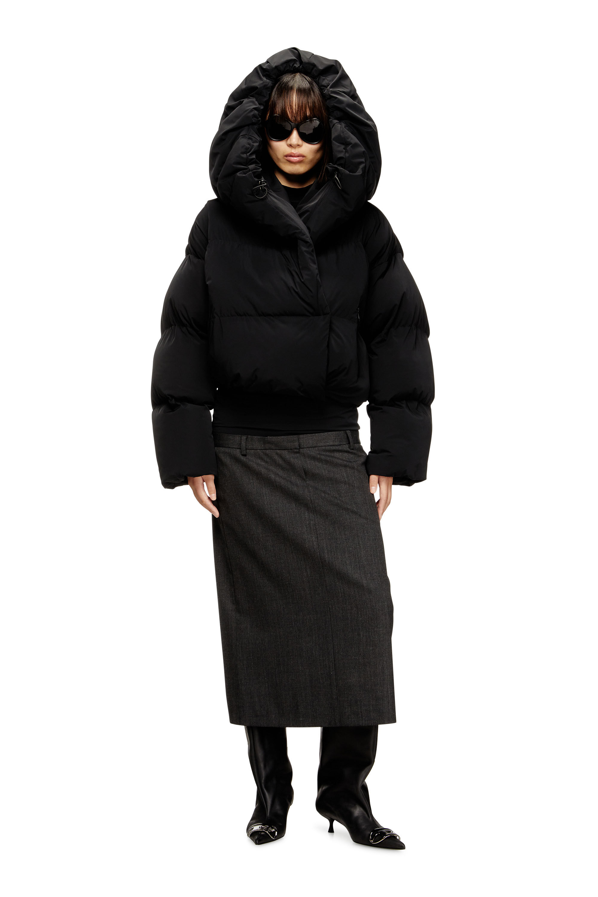 plage MY_puffer フード Women's Wrap puffer jacket in bi-stretch nylon | Black | Diesel