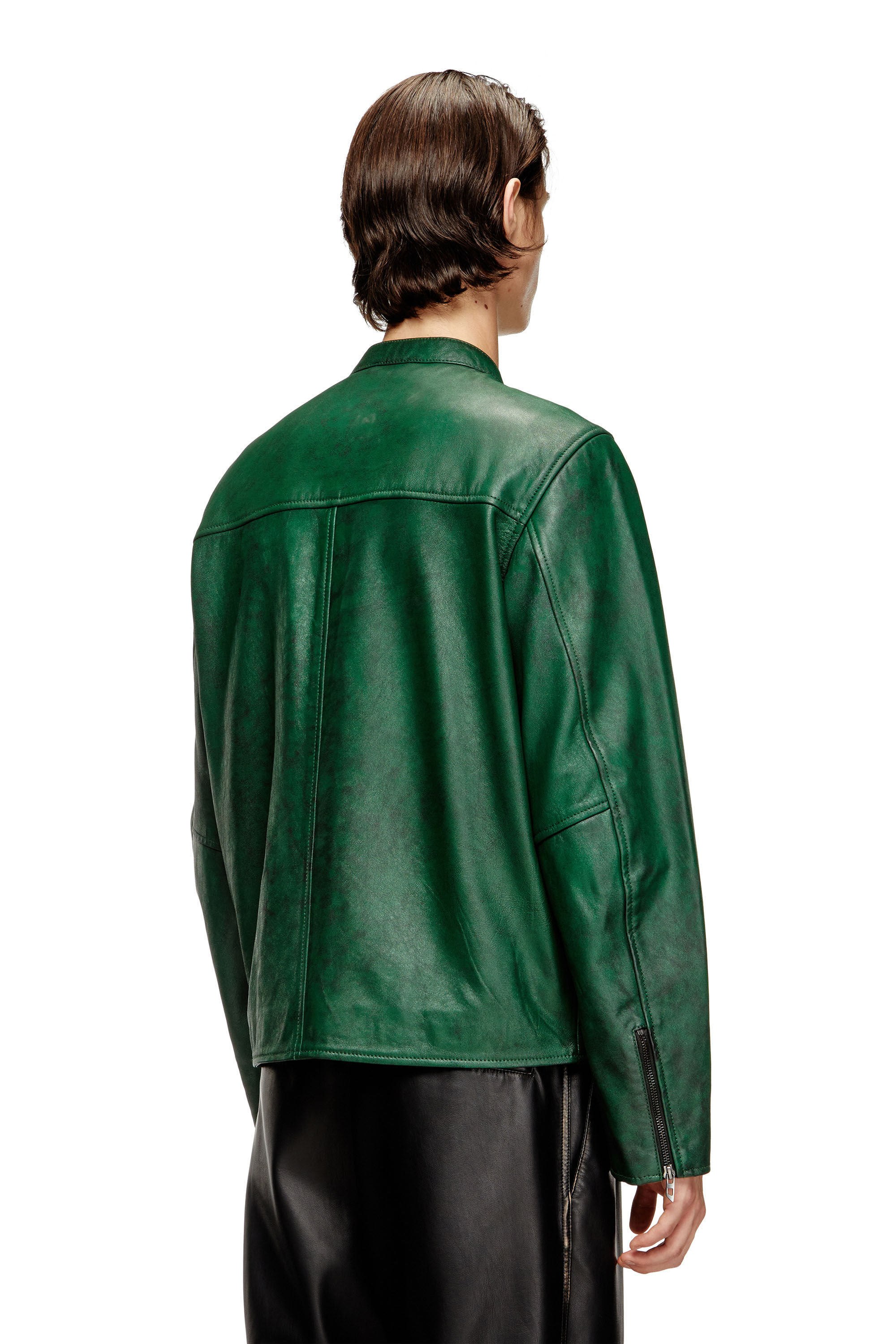Diesel - L-EVERT-A, Man's Treated leather biker jacket with faded logo in Green - 2