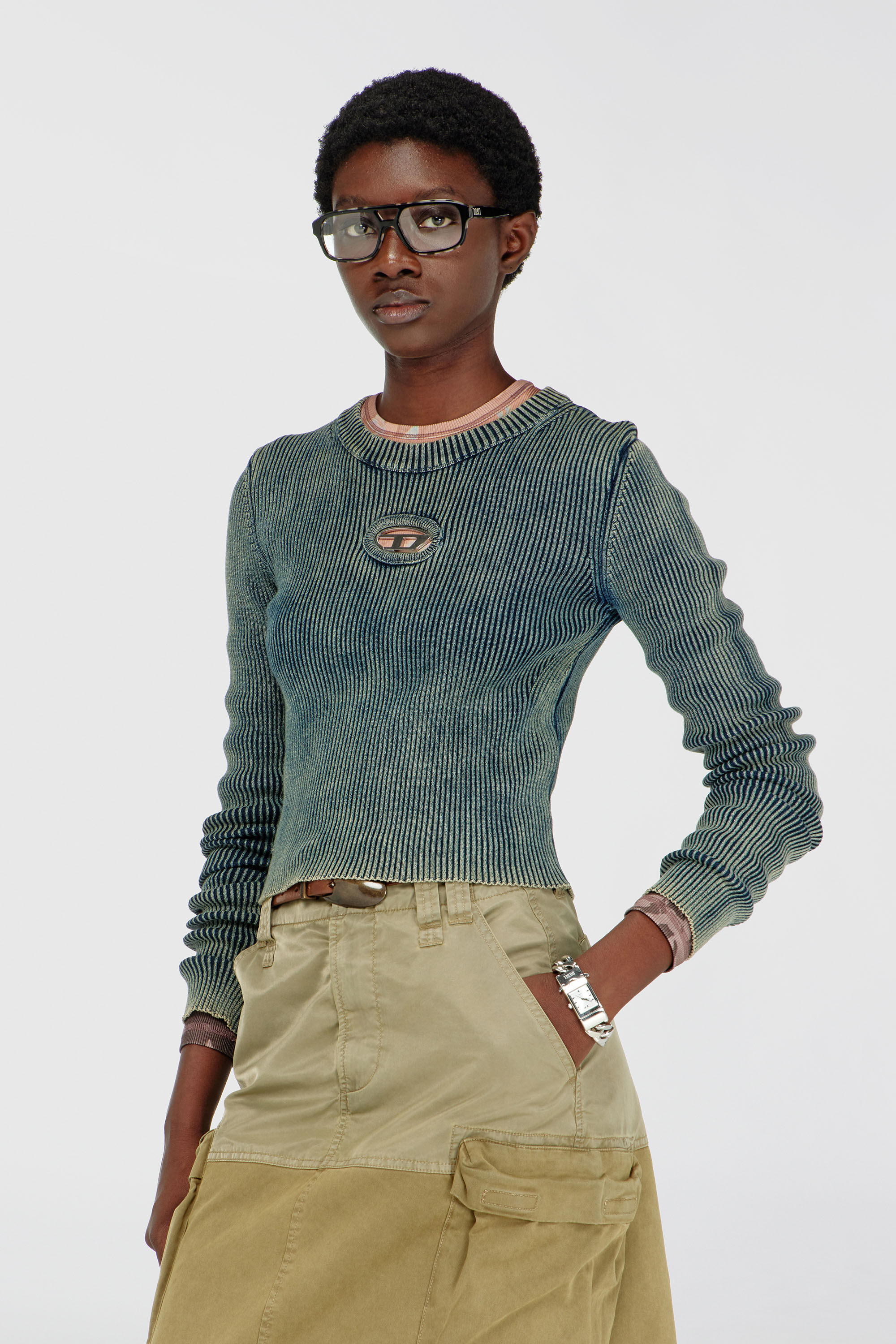 Women's Rib-knit top with Oval D | Blue | Diesel {{Country}}