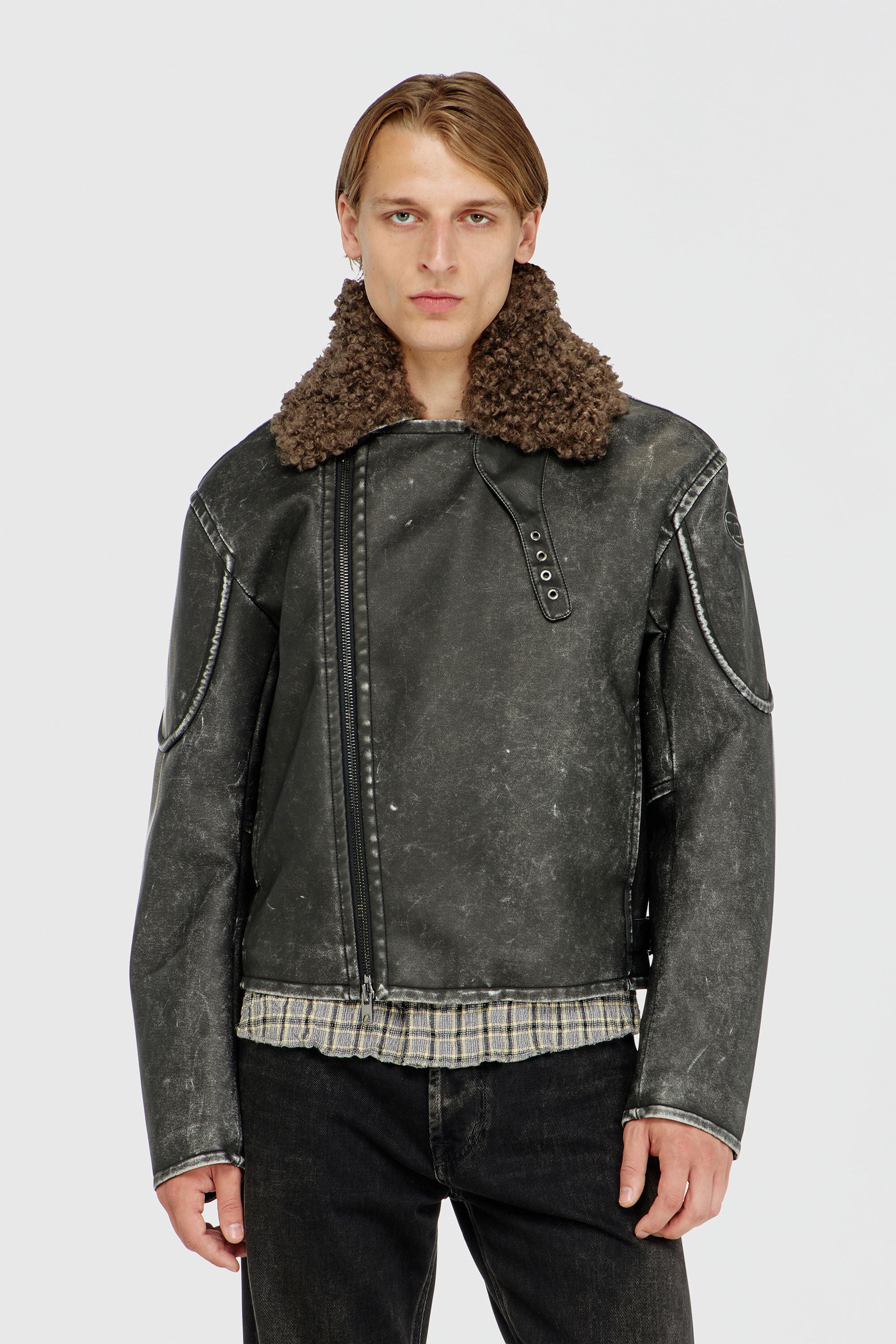 Diesel - W-ALEX, Man's Biker jacket with detachable collar in Dark grey - 6