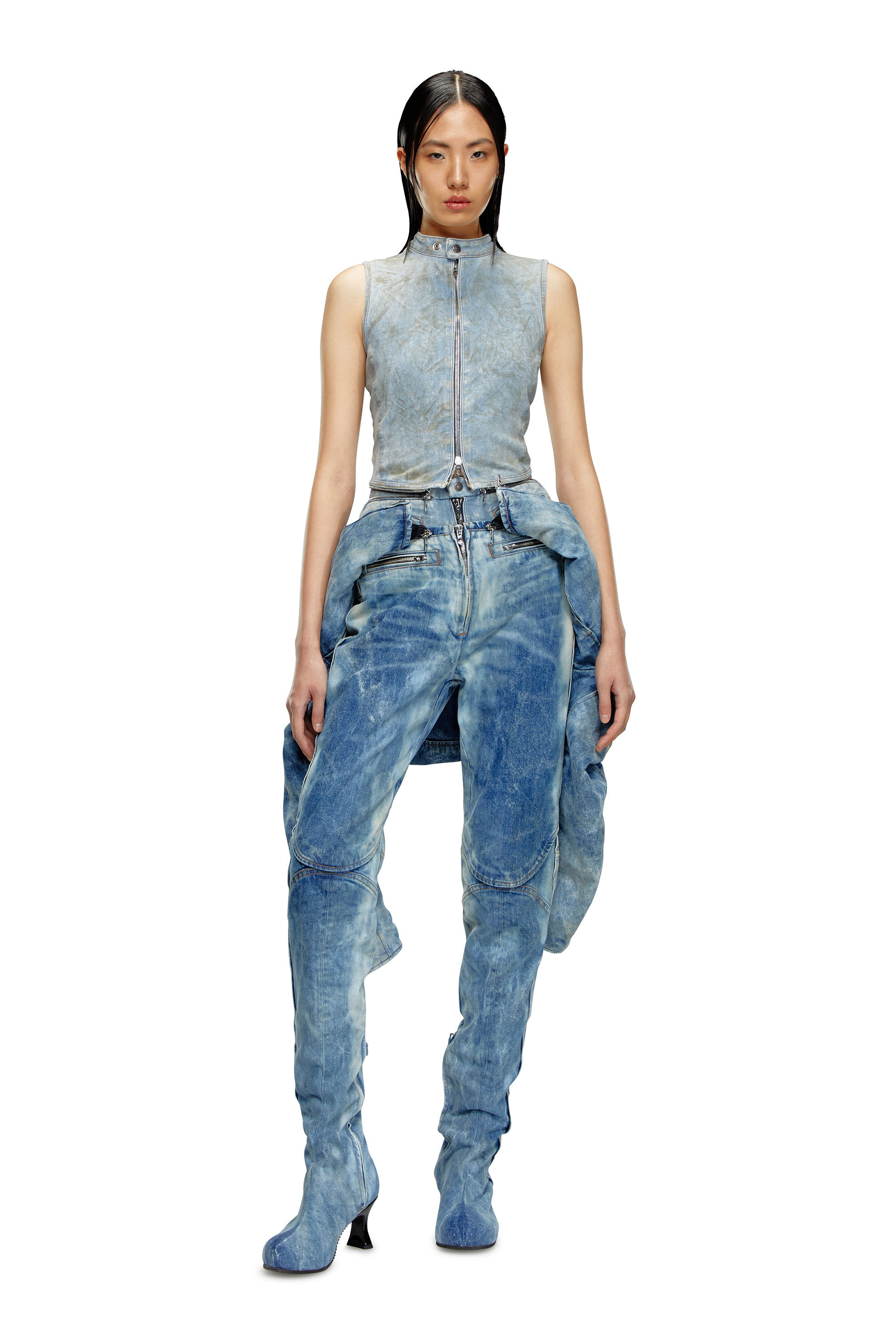 Diesel - DE-NATA-FSE, Top en denim seconde peau avec détails biker Femme in Bleu - 1