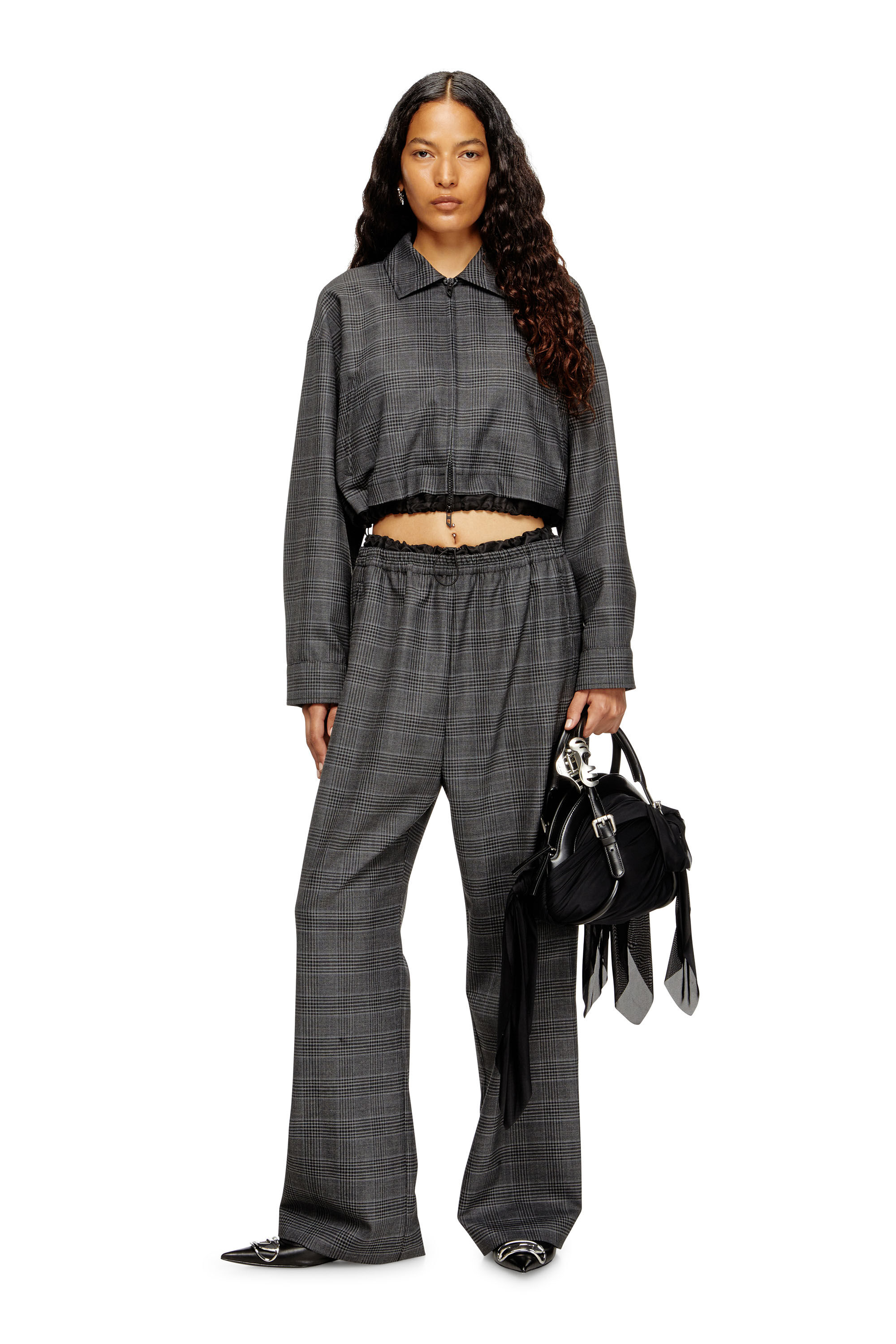 Diesel - J-TING-FEM, Female's Cropped Prince of Wales wool-blend coach jacket in Black - 1