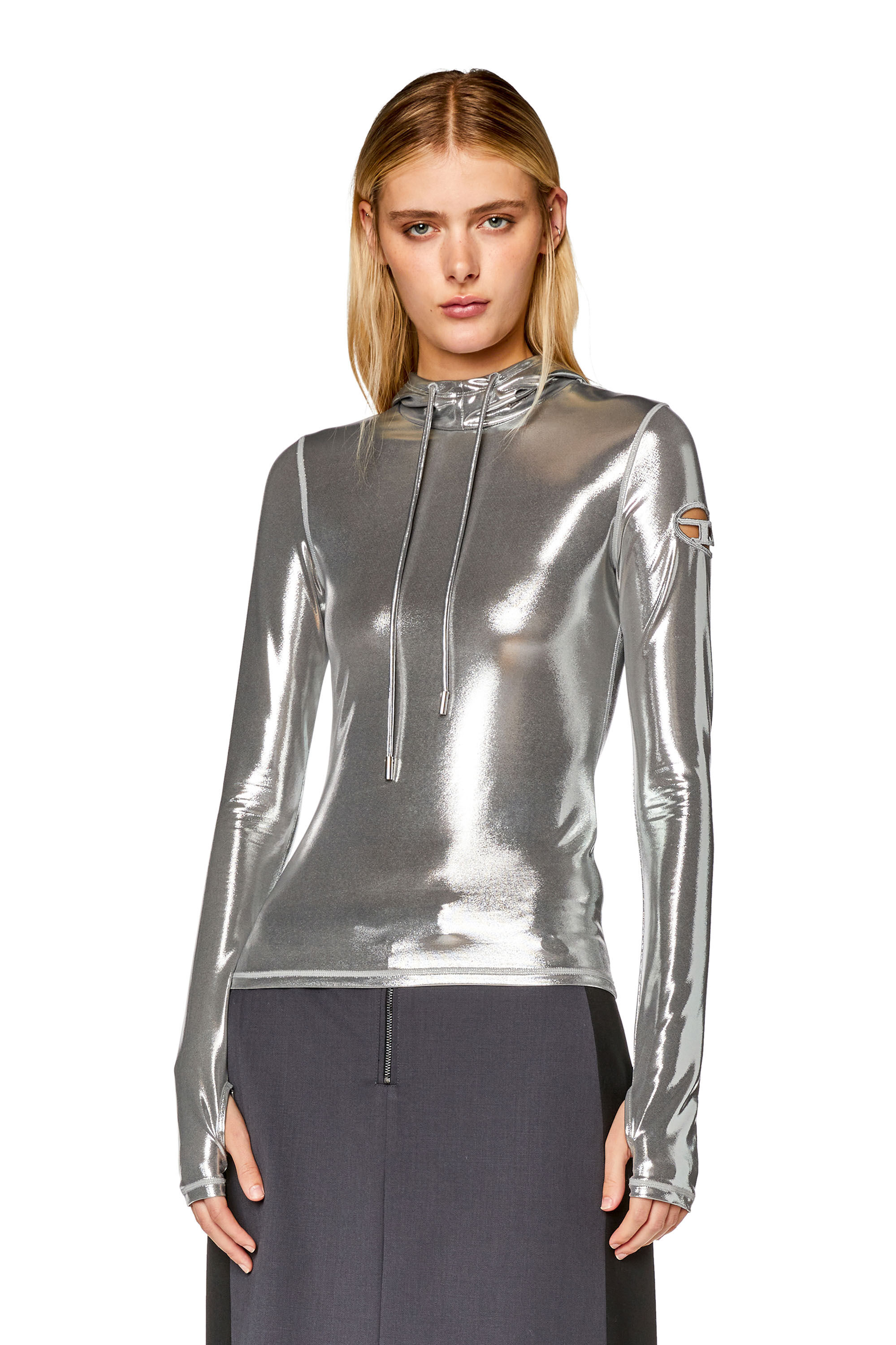 Diesel - T-METAL-L1, Sweat-shirt à capuche effet métallisé brillant Femme in Gris argenté - 3