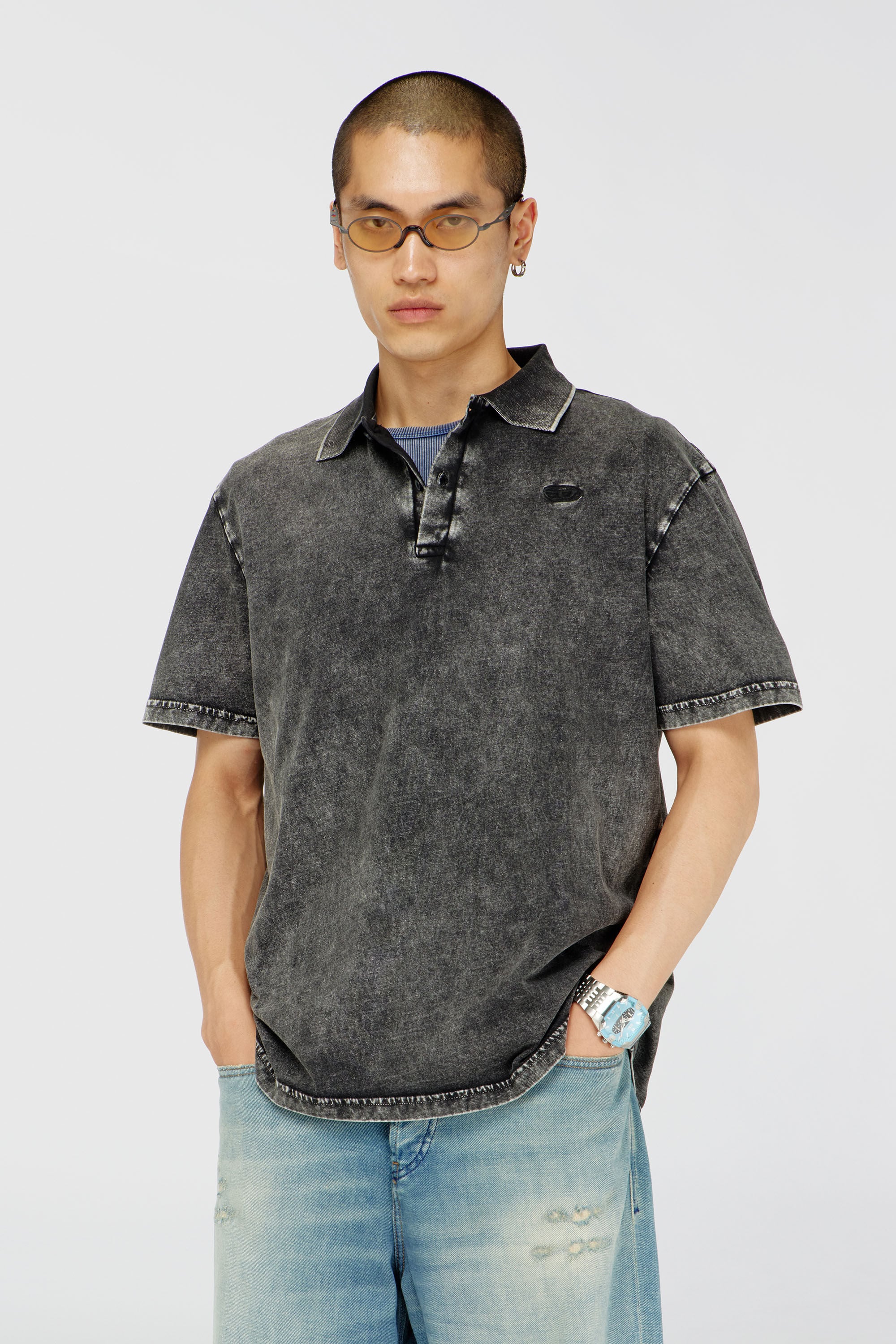 Diesel - T-REJUST-NC-DEN, Camiseta tipo polo en tejido de punto efecto denim Hombre in Gris - 3