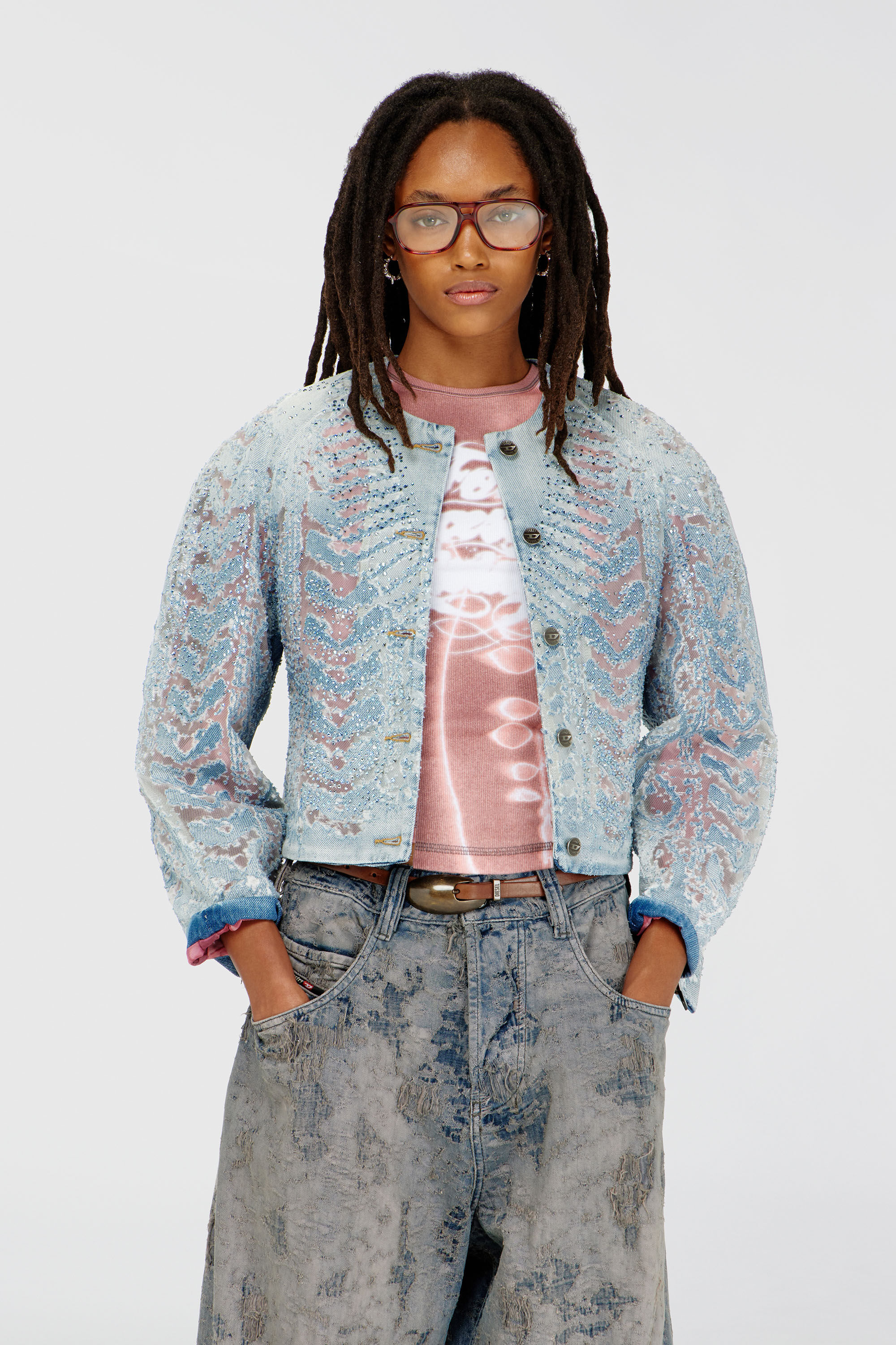 Women's Jacket in microstone devoré denim | Blue | Diesel {{Country}}