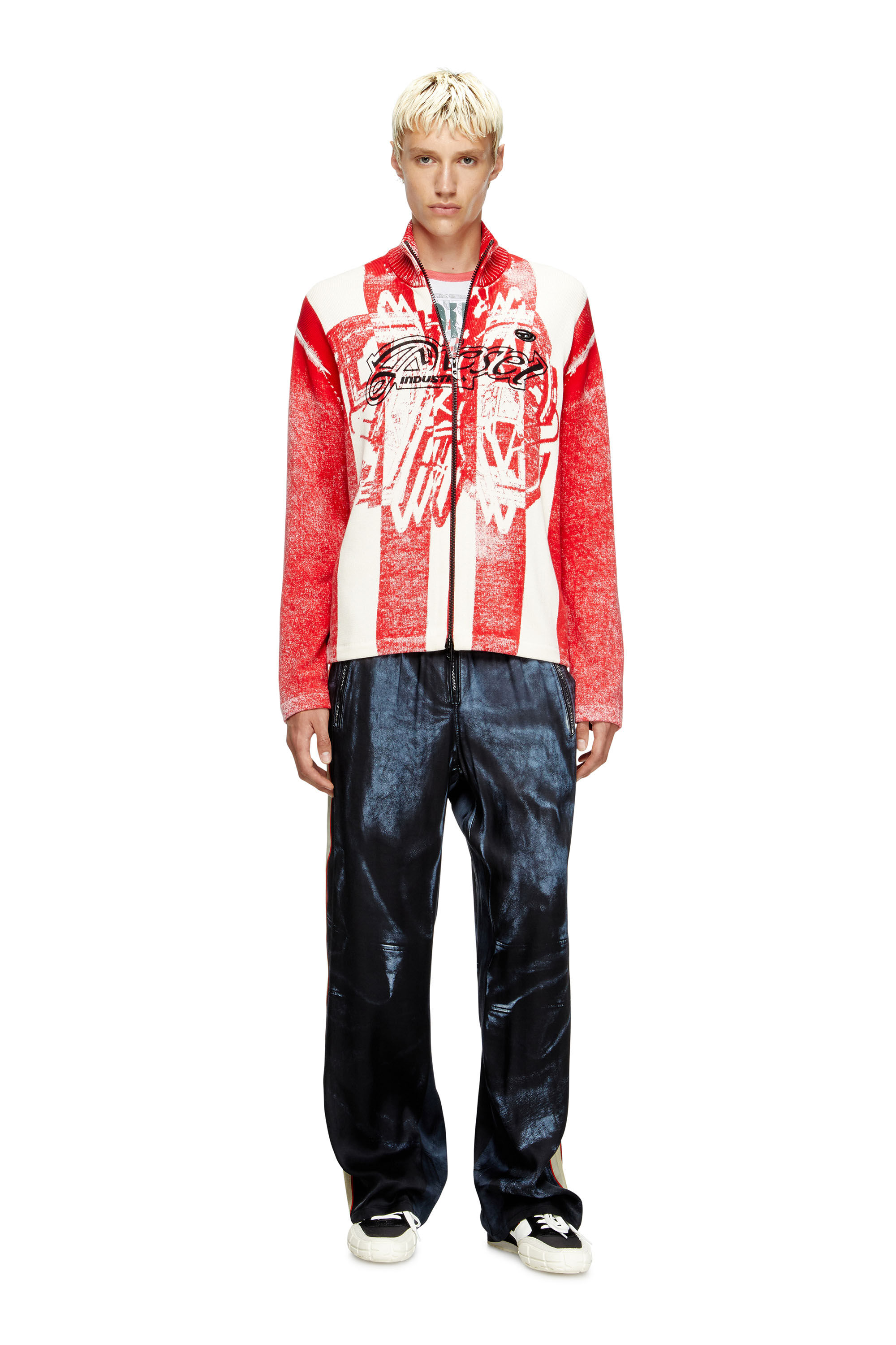 Diesel - K-OLIBA-JKT, Male's Inside-print striped zipped cardigan in Red/White - 1