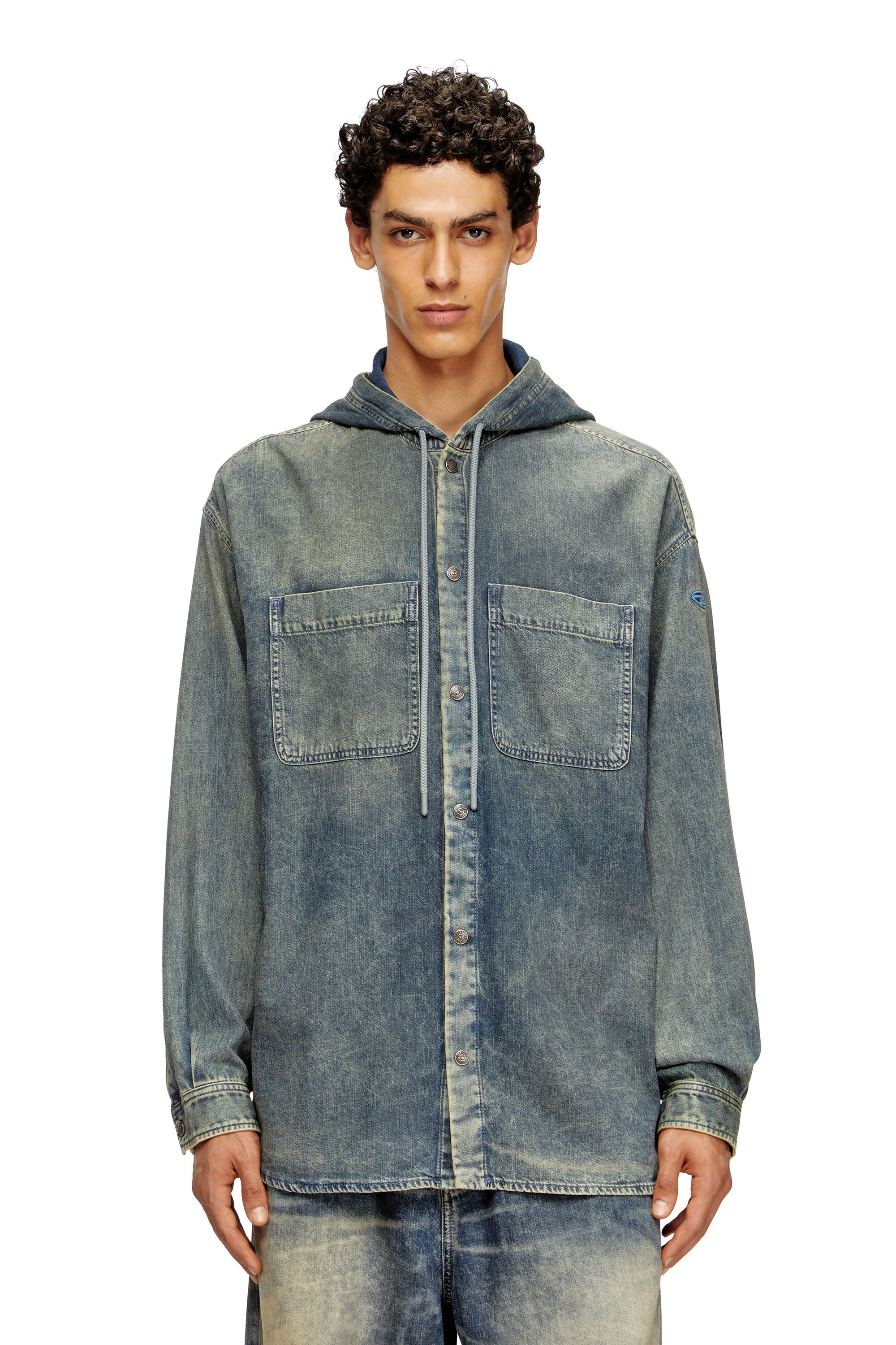 Diesel - D-DEWNY-HOOD-S2, Surchemise en denim marbré enduit Homme in Bleu - 3