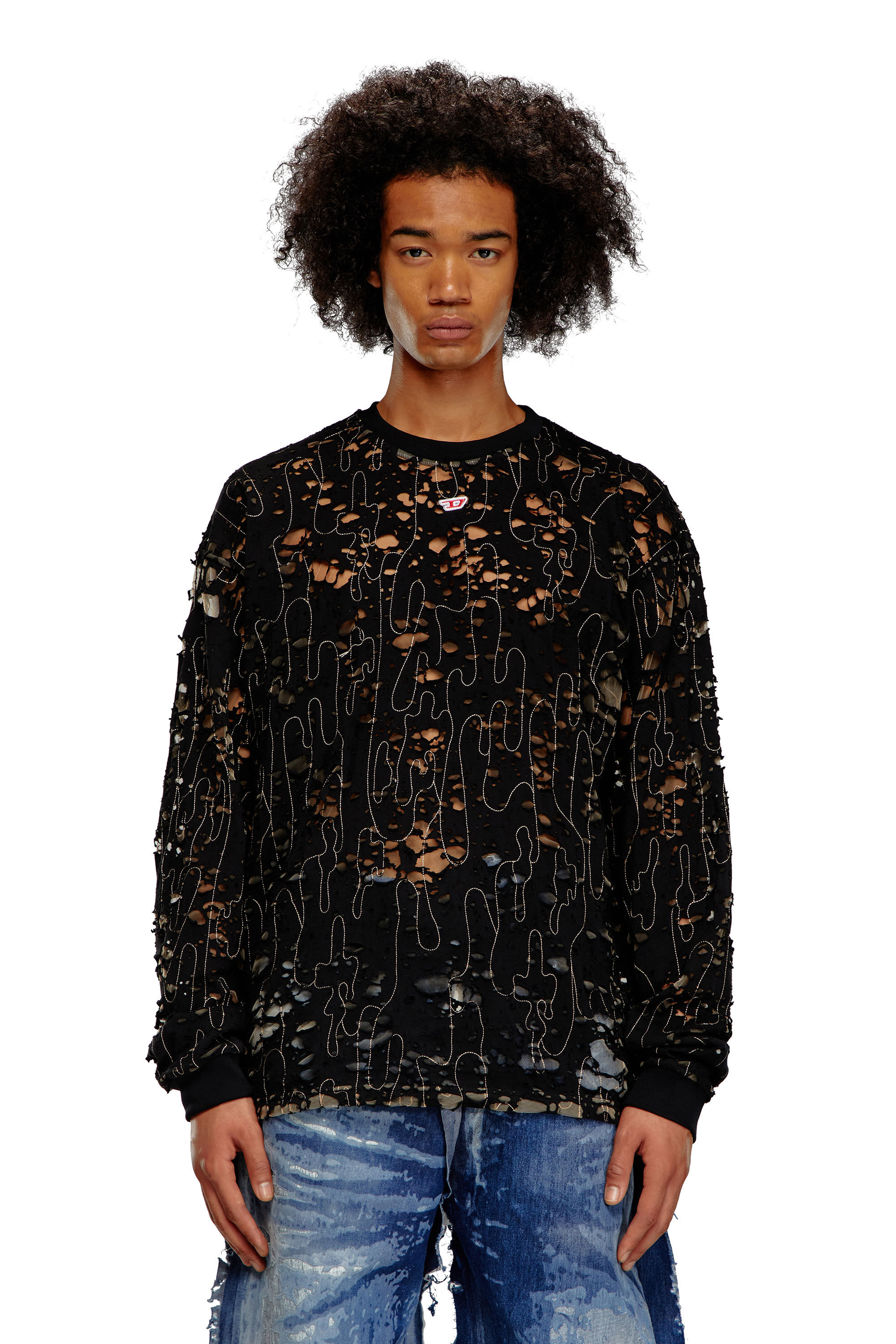 Diesel - T-BOXT-LS-DEVOR, Male's Tulle T-shirt with destroyed jersey in Black - 3
