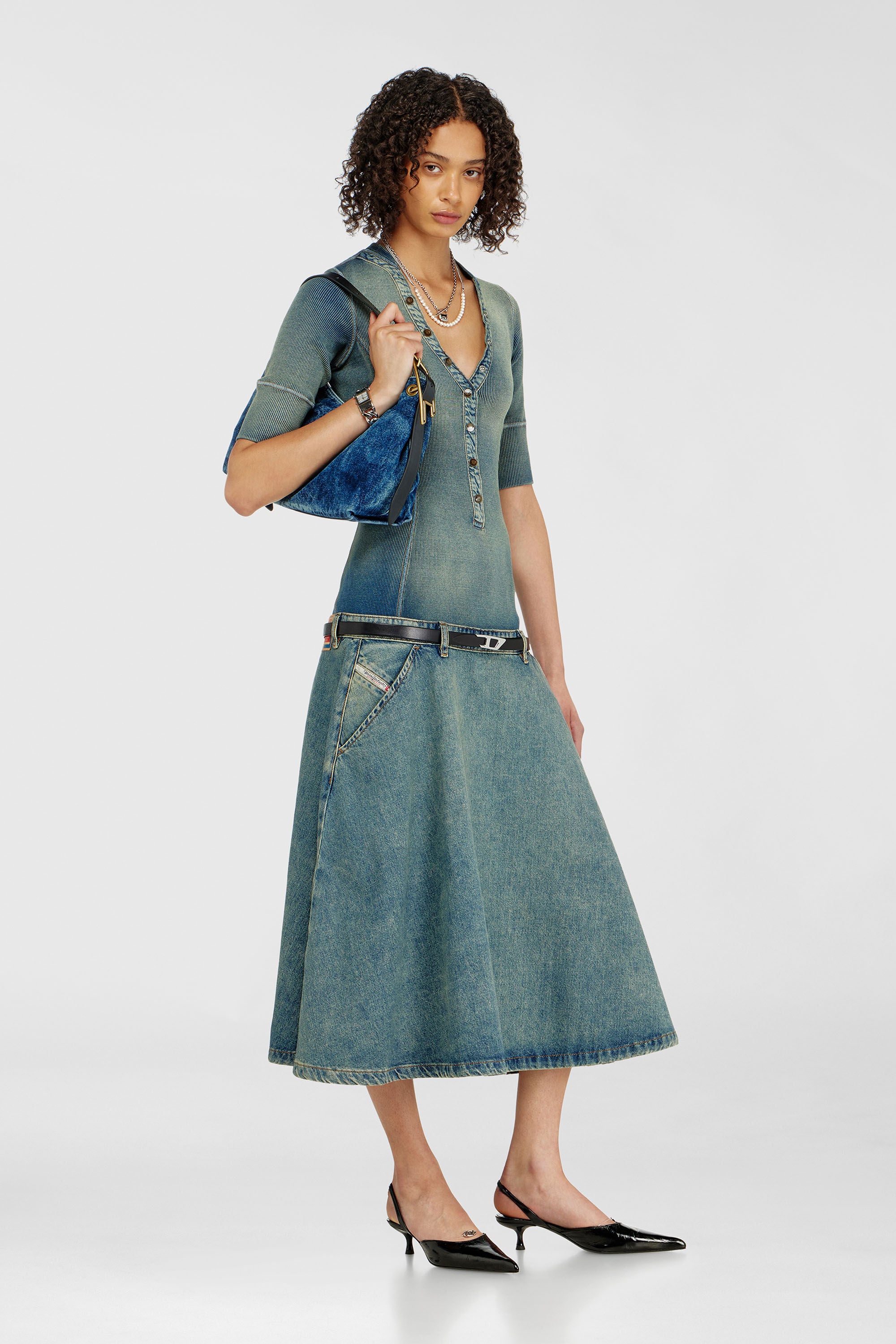 diesel denim shirt dress with skirt overlay Woman Blue Dresses fastening V Option:60 Apparel color-family:INDIGO Set frayed shirt and