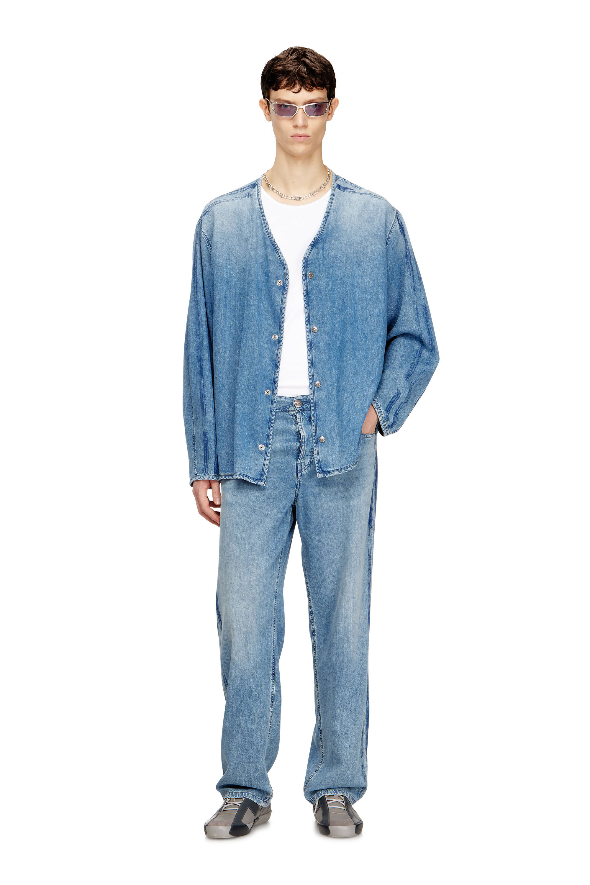 Diesel - D-CADI-S, Man's V-neck shirt in fluid denim with stripes in null - 1
