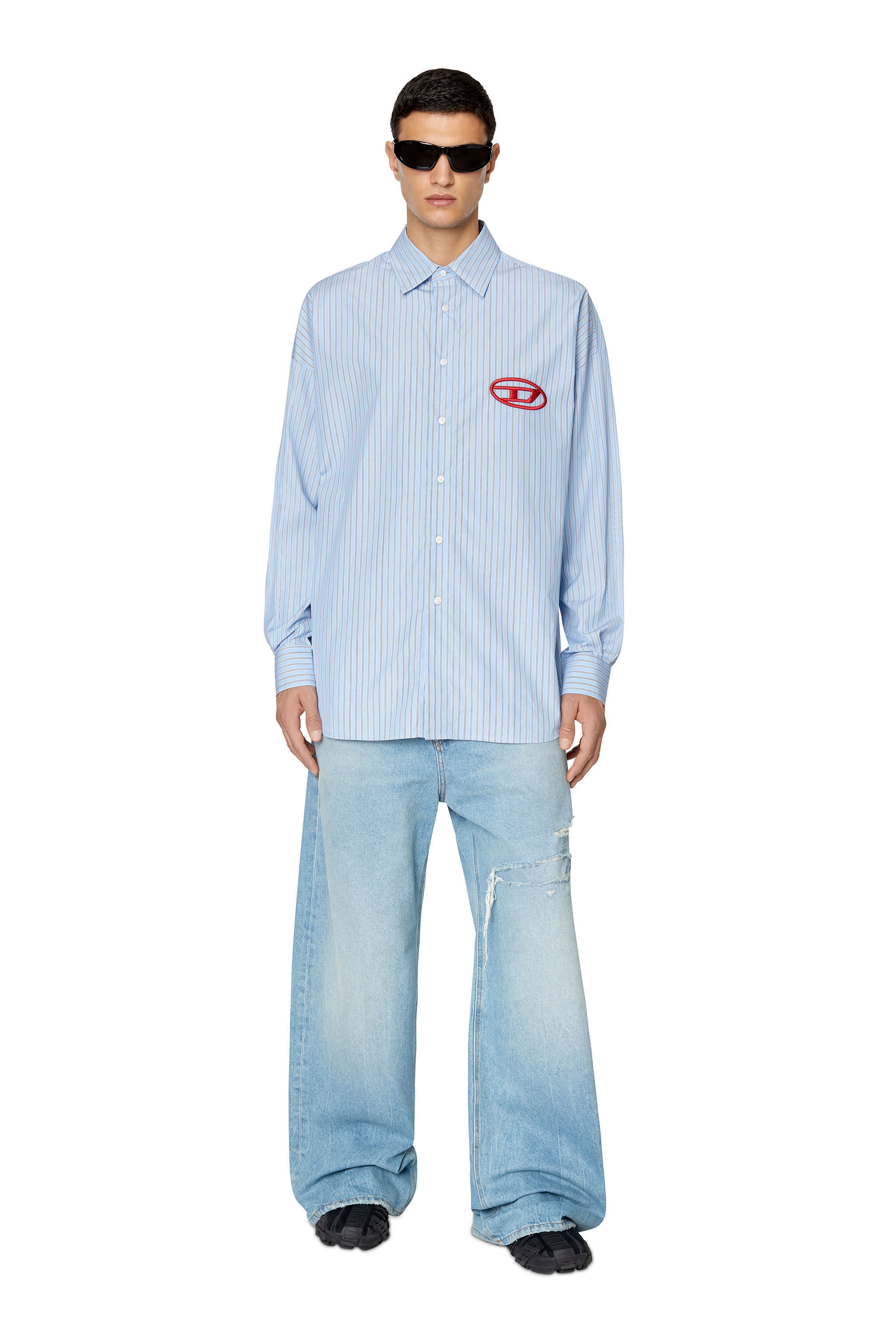 Diesel - S-DOUBLY-STRIPE-NW, Male's Striped shirt with logo embroidery in Light Blue - 1