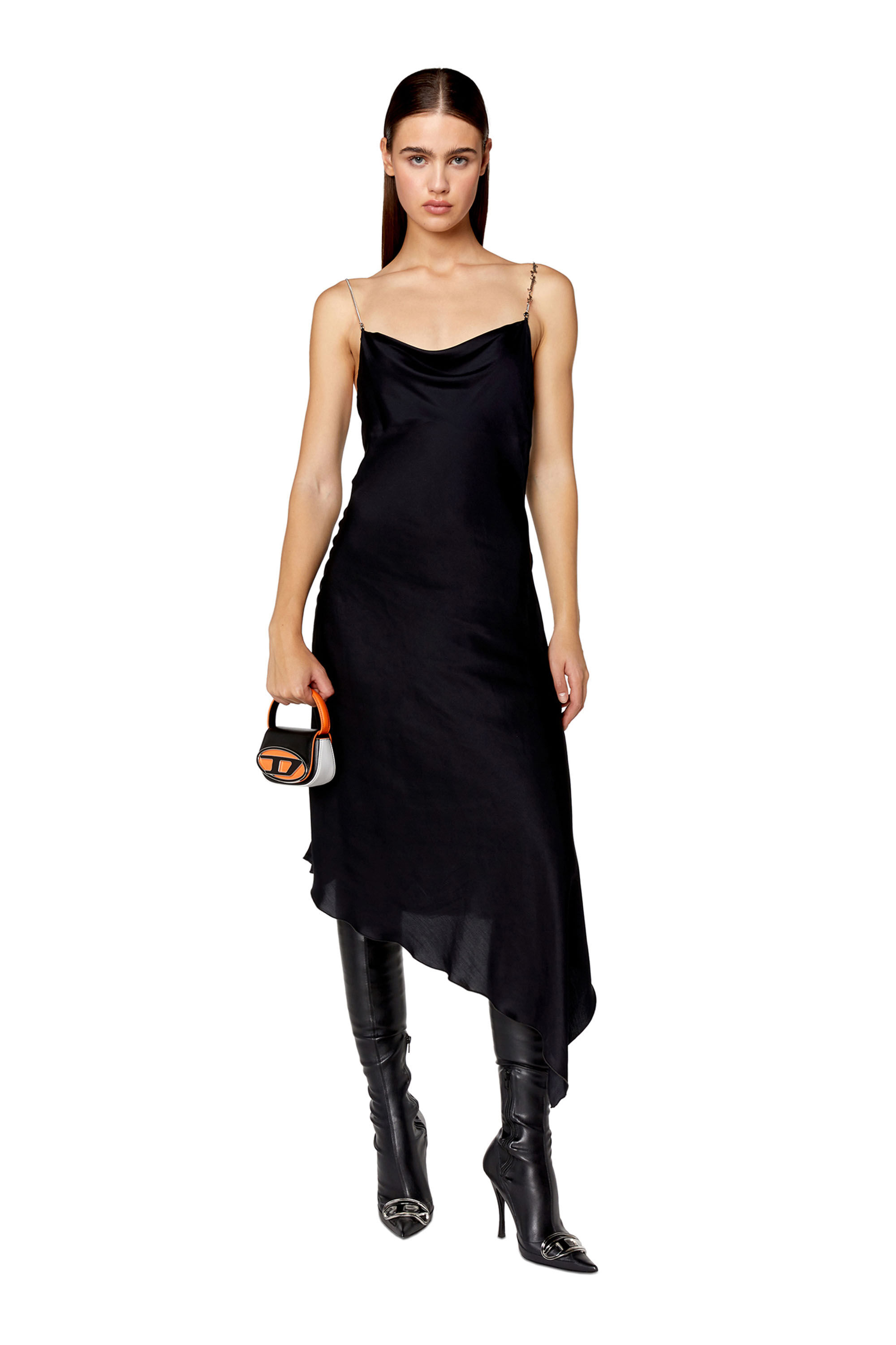 Diesel - D-MINT, Female's Satin slip dress with chain straps in Black - 1