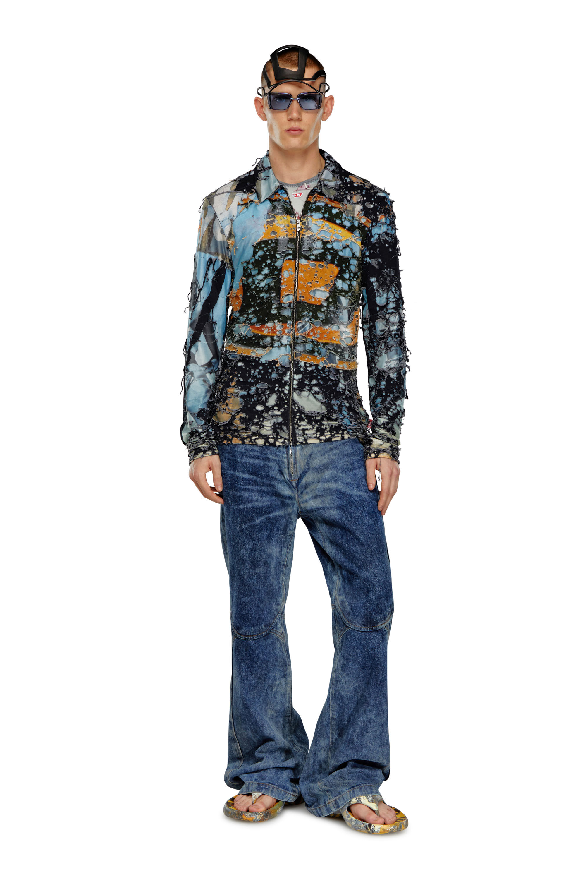 Diesel - S-CORN-PEEL, Male's Destroyed shirt with cinema prints in Orange/Black - 1