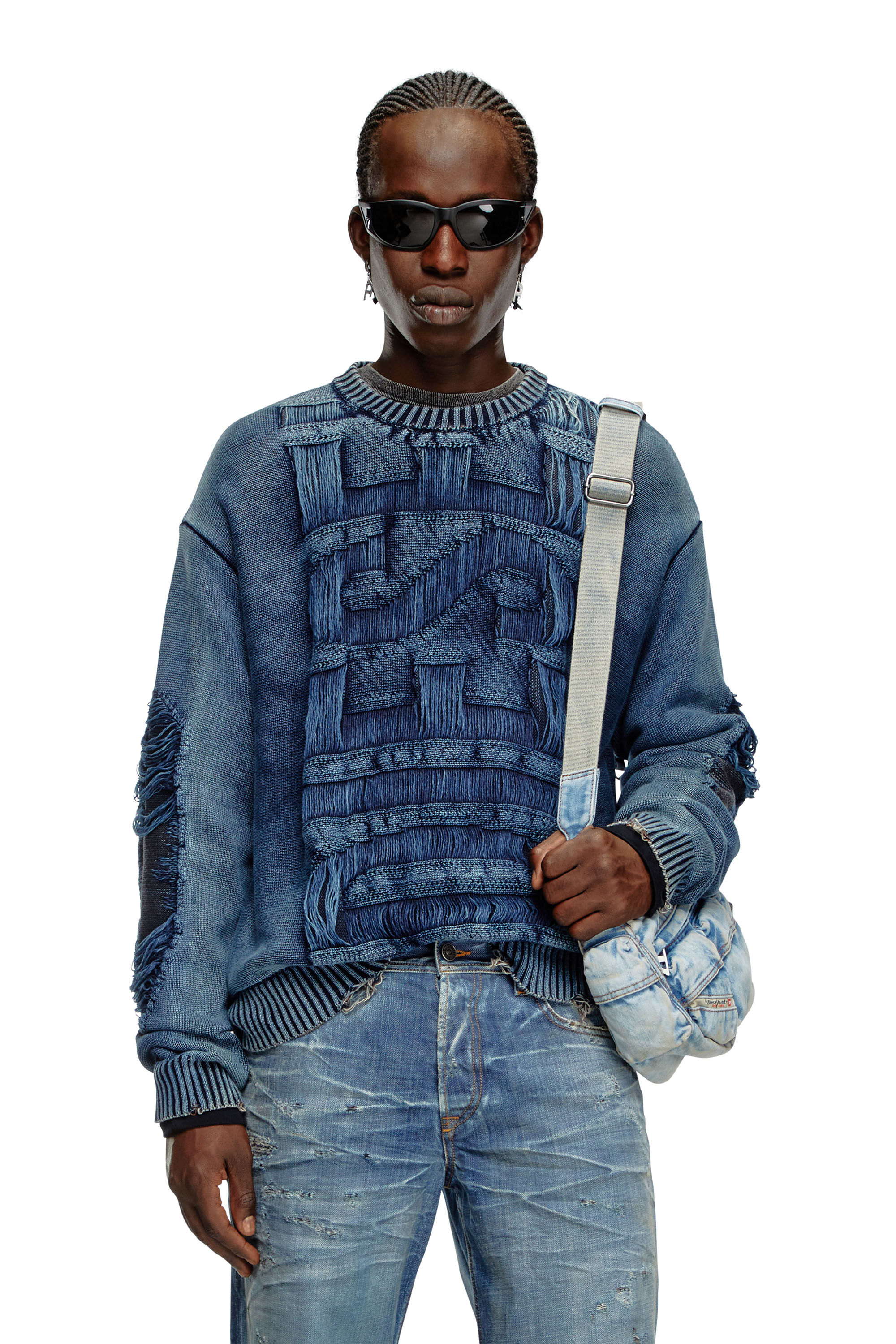 Diesel - K-ROTTISSIMO, Pull destroy avec logo à fil flottant Homme in Bleu - 3