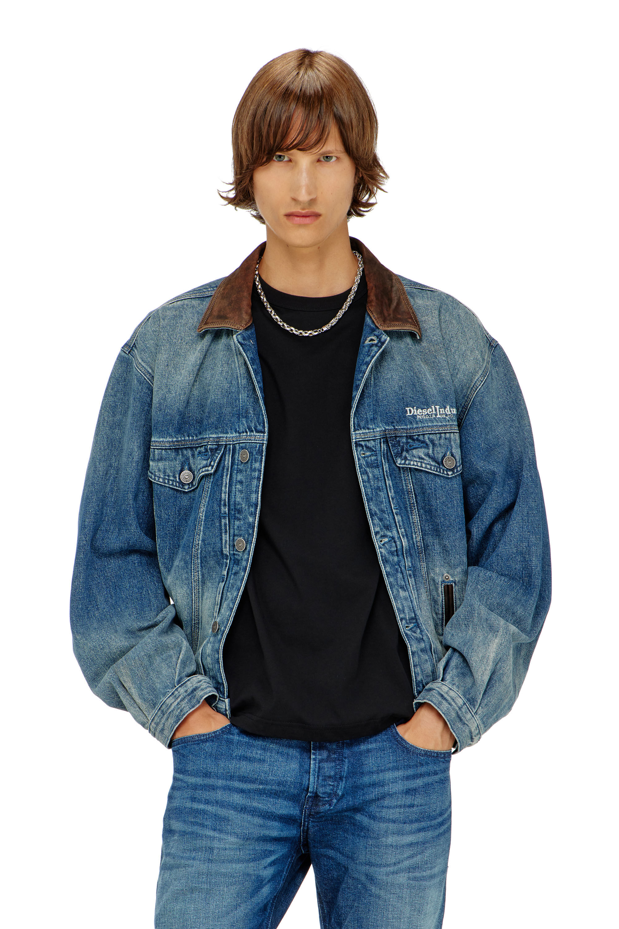 DIESEL J-SMOAK-EMBRO ディーゼル リバーリブル ブルゾン Women's Denim trucker jacket with contrast leather trims | Blue