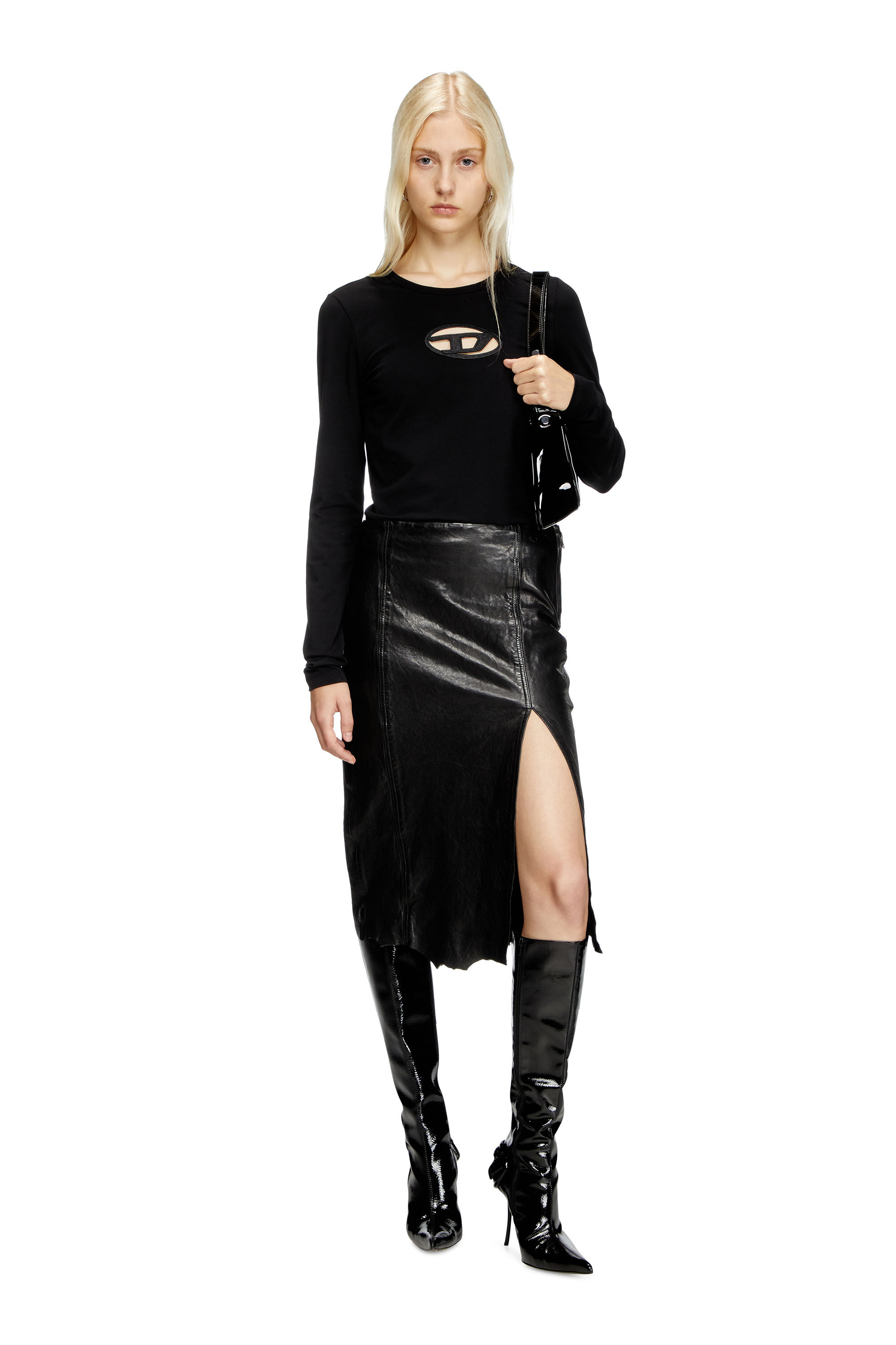 Diesel - L-RUPA, Female's Midi skirt in shiny wrinkled leather in Black - 1
