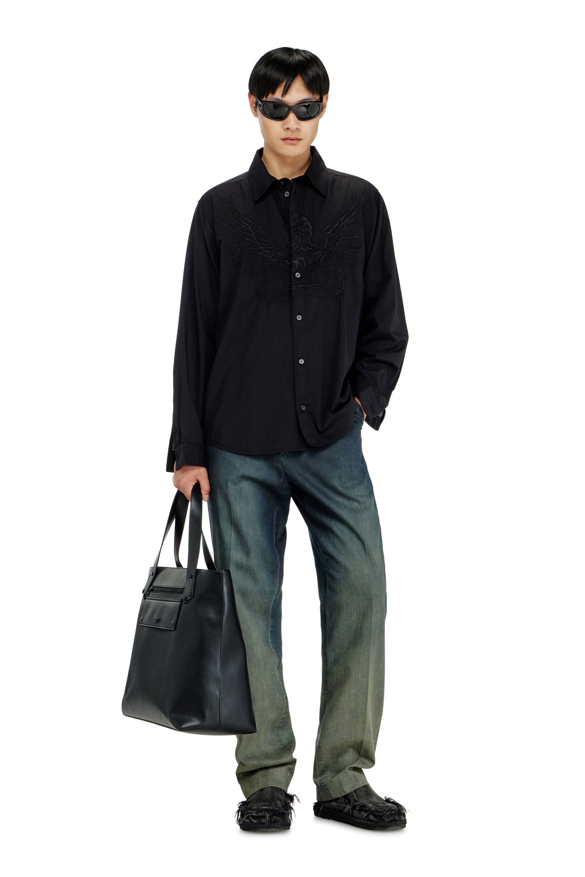 Men's Cotton-cupro shirt with embroidered patch | Black | Diesel US