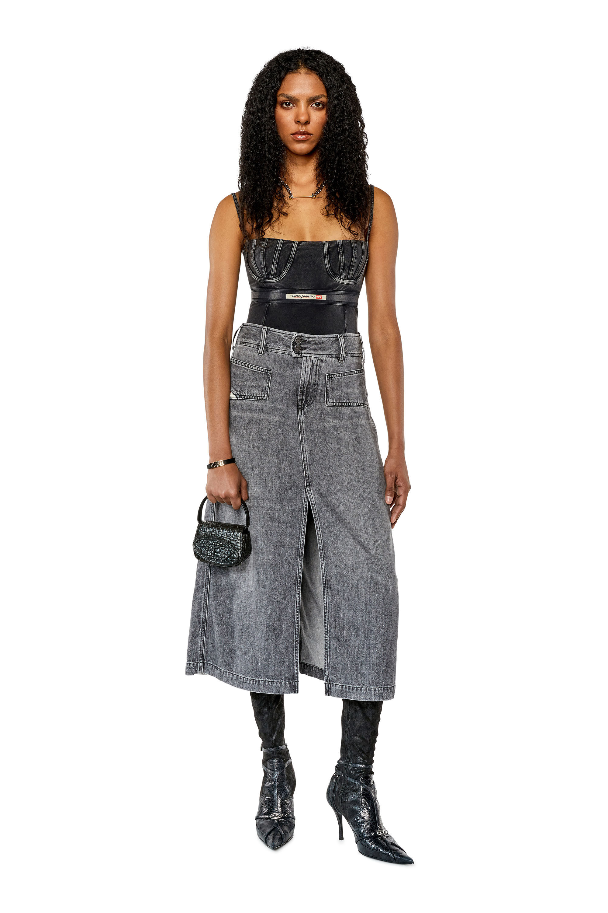 Diesel - DE-YINKA, Female's Denim midi skirt with slit in Grey - 1