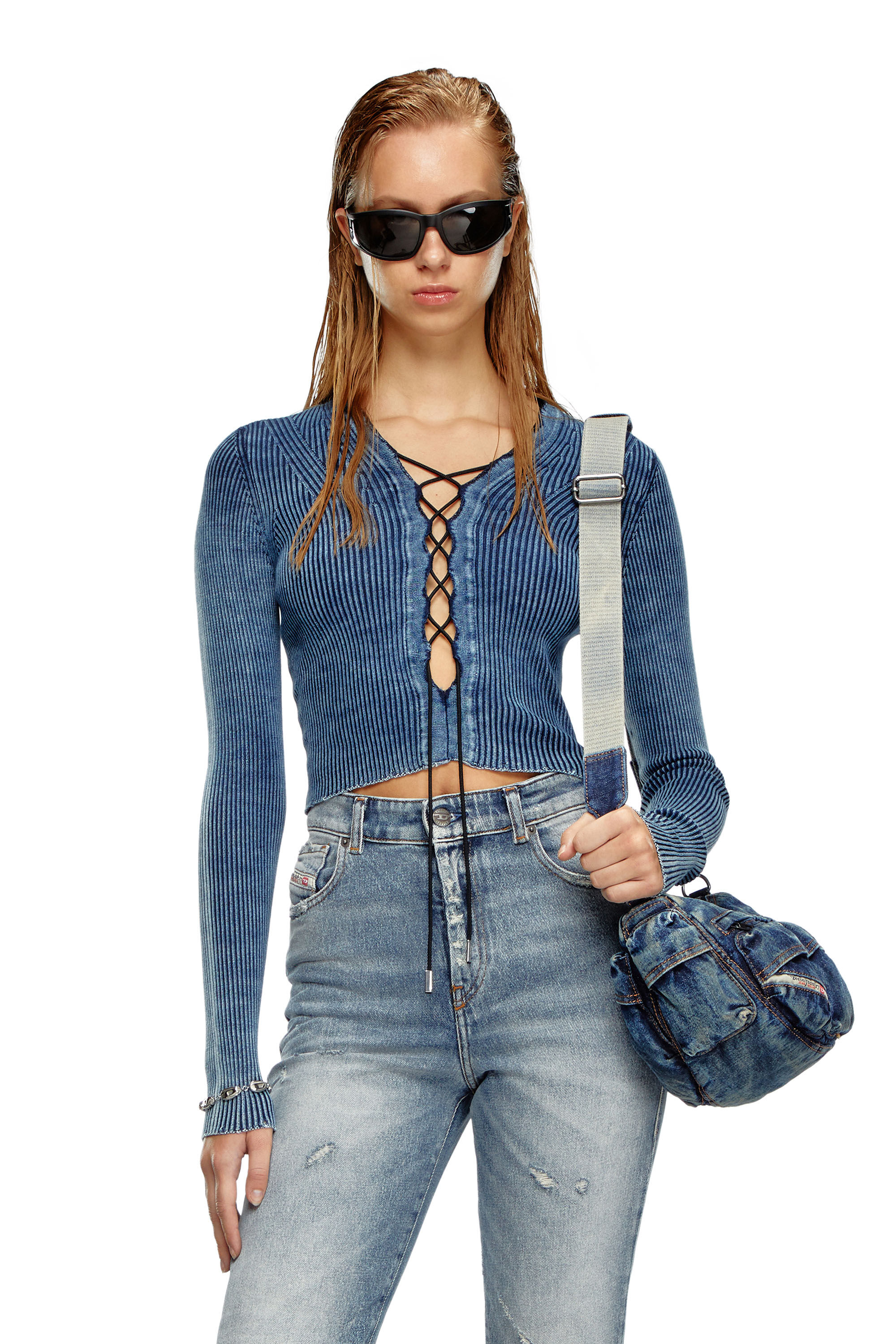 Diesel - M-ACCHIA, Top crop en maille indigo avec laçage Femme in Bleu - 3