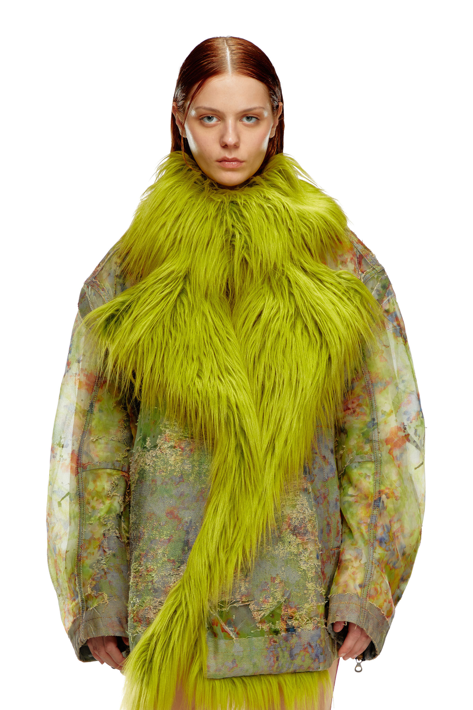 Diesel - DE-BIKA-FSE, Female's Printed devoré jacket with shaggy collar in Green - 6