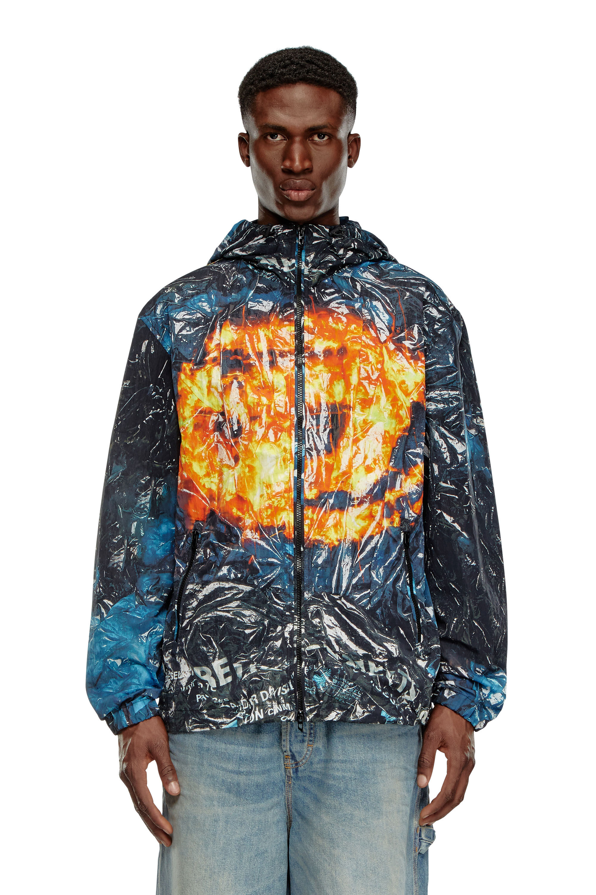 Diesel - J-WARRETT-POSTER, Male's Hooded windbreaker with poster print in Blue/Black - 6